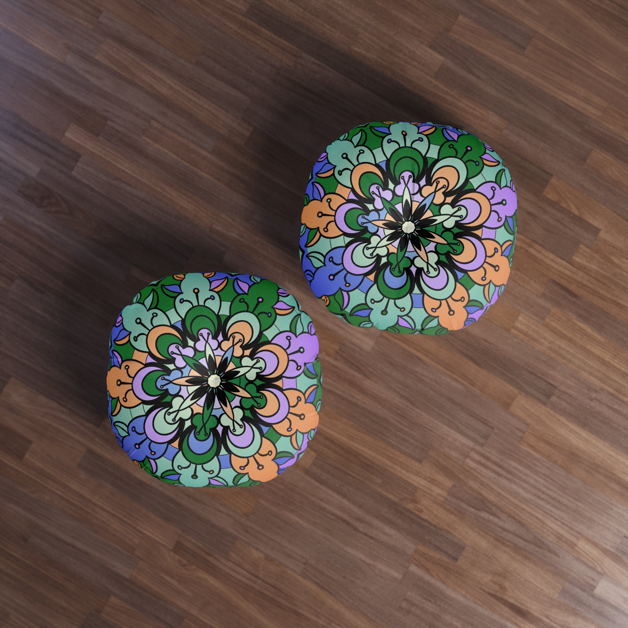 Floor Cushion Mandala Art Hand Drawn - Beautiful colors on Dark Blue background - Drawn by Hand - Tufted Floor Pillow, Round - Blululi