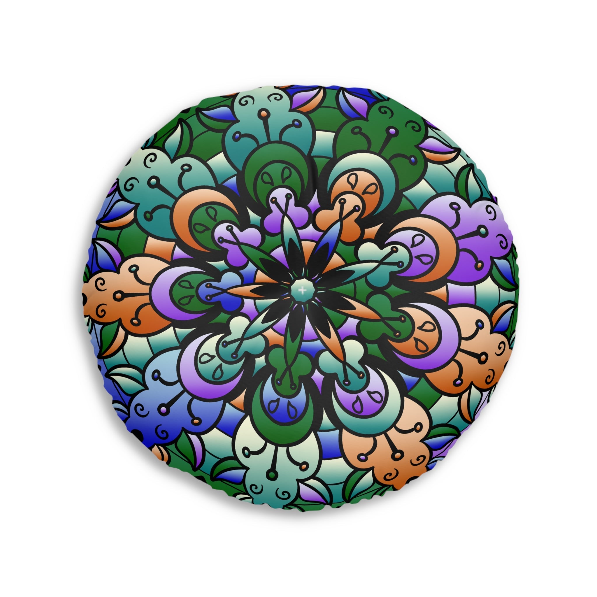 Floor Cushion Mandala Art Hand Drawn - Beautiful colors on Dark Blue background - Drawn by Hand - Tufted Floor Pillow, Round - Blululi