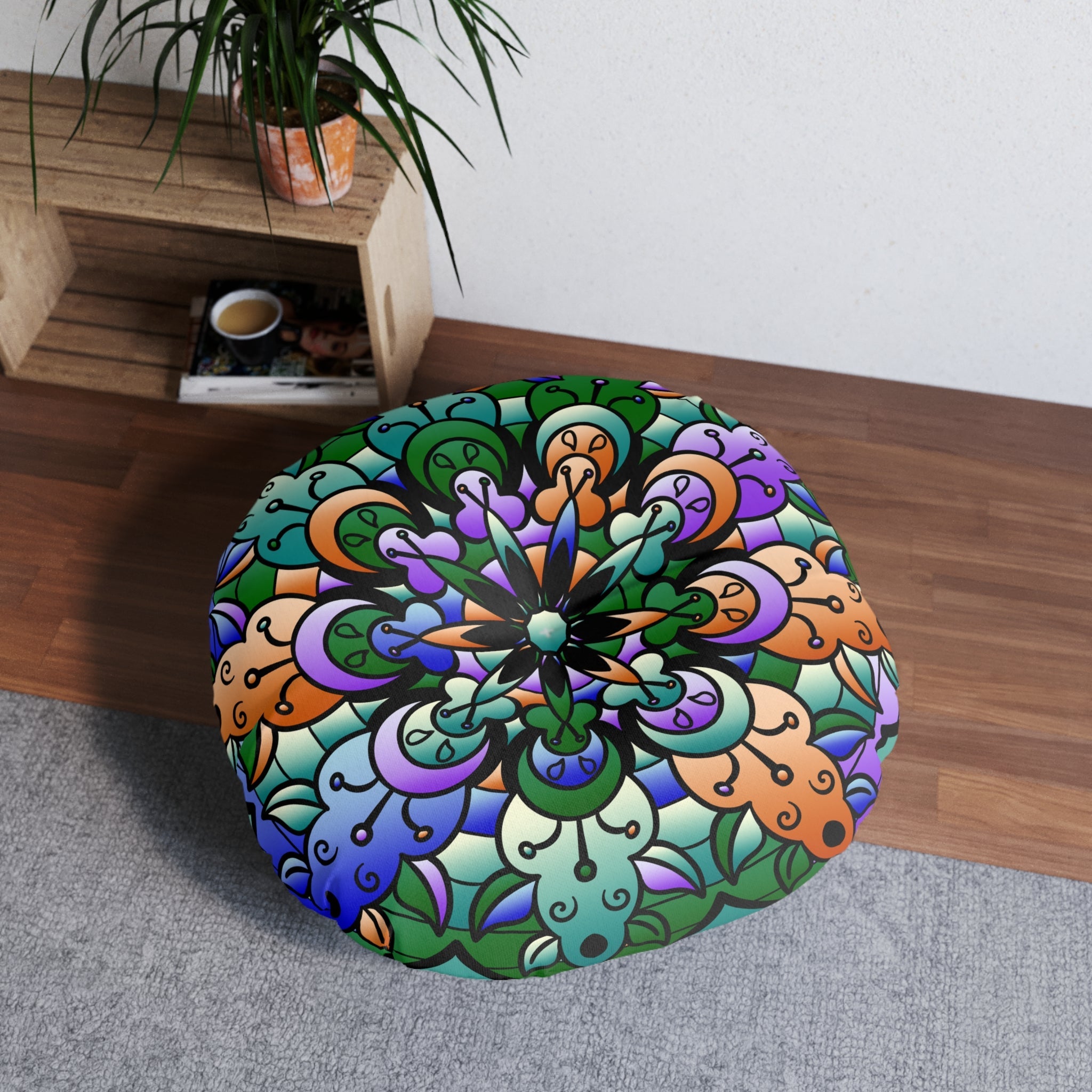 Floor Cushion Mandala Art Hand Drawn - Beautiful colors on Dark Blue background - Drawn by Hand - Tufted Floor Pillow, Round - Blululi