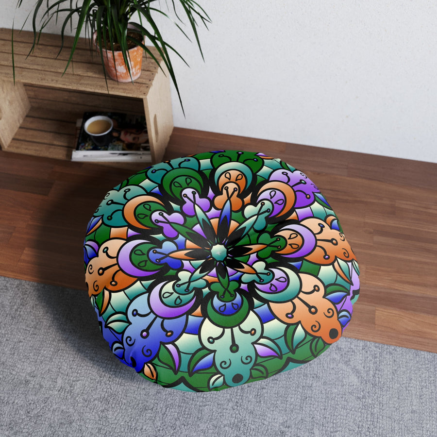 Floor Cushion Mandala Art Hand Drawn - Beautiful colors on Dark Blue background - Drawn by Hand - Tufted Floor Pillow, Round - Blululi