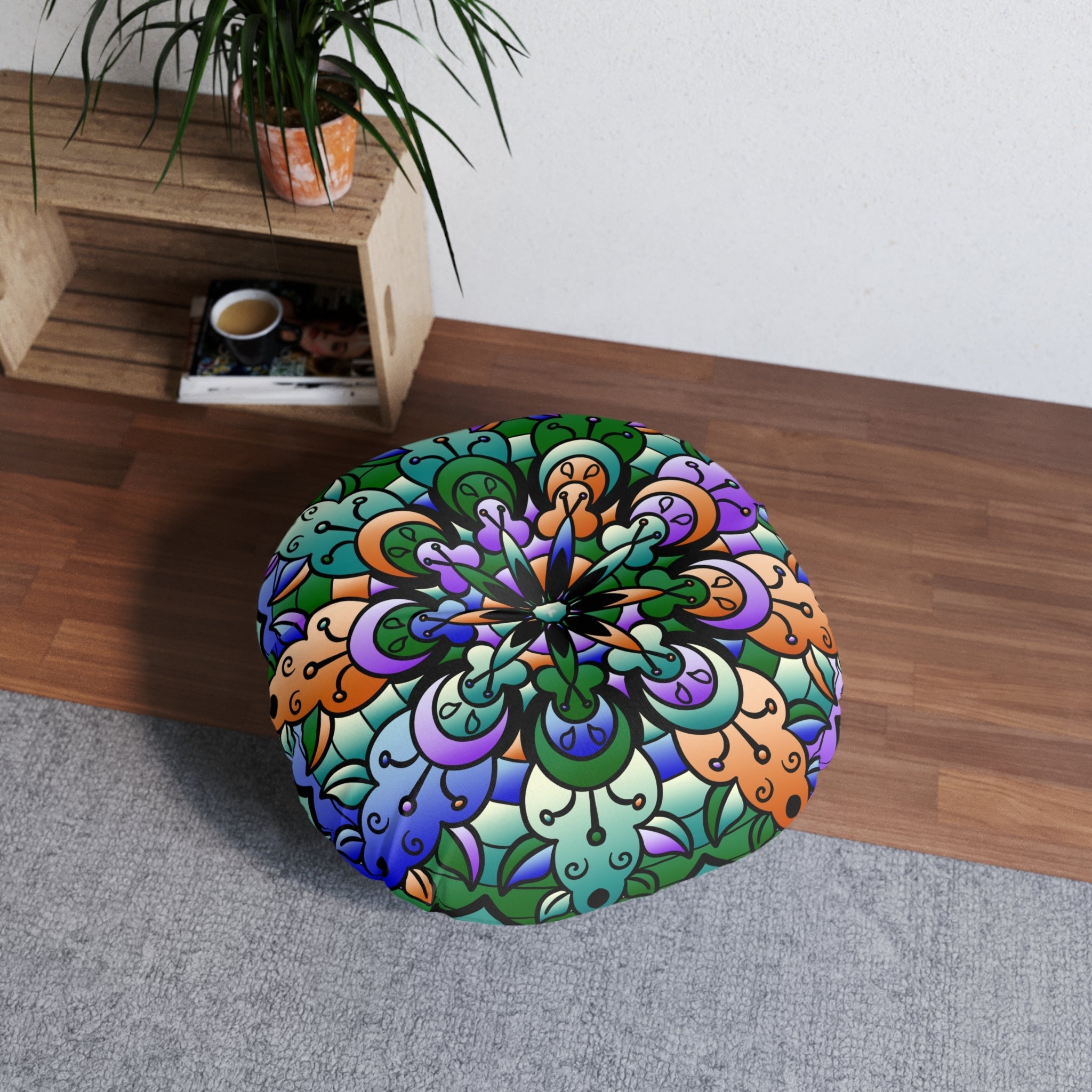 Floor Cushion Mandala Art Hand Drawn - Beautiful colors on Dark Blue background - Drawn by Hand - Tufted Floor Pillow, Round - Blululi