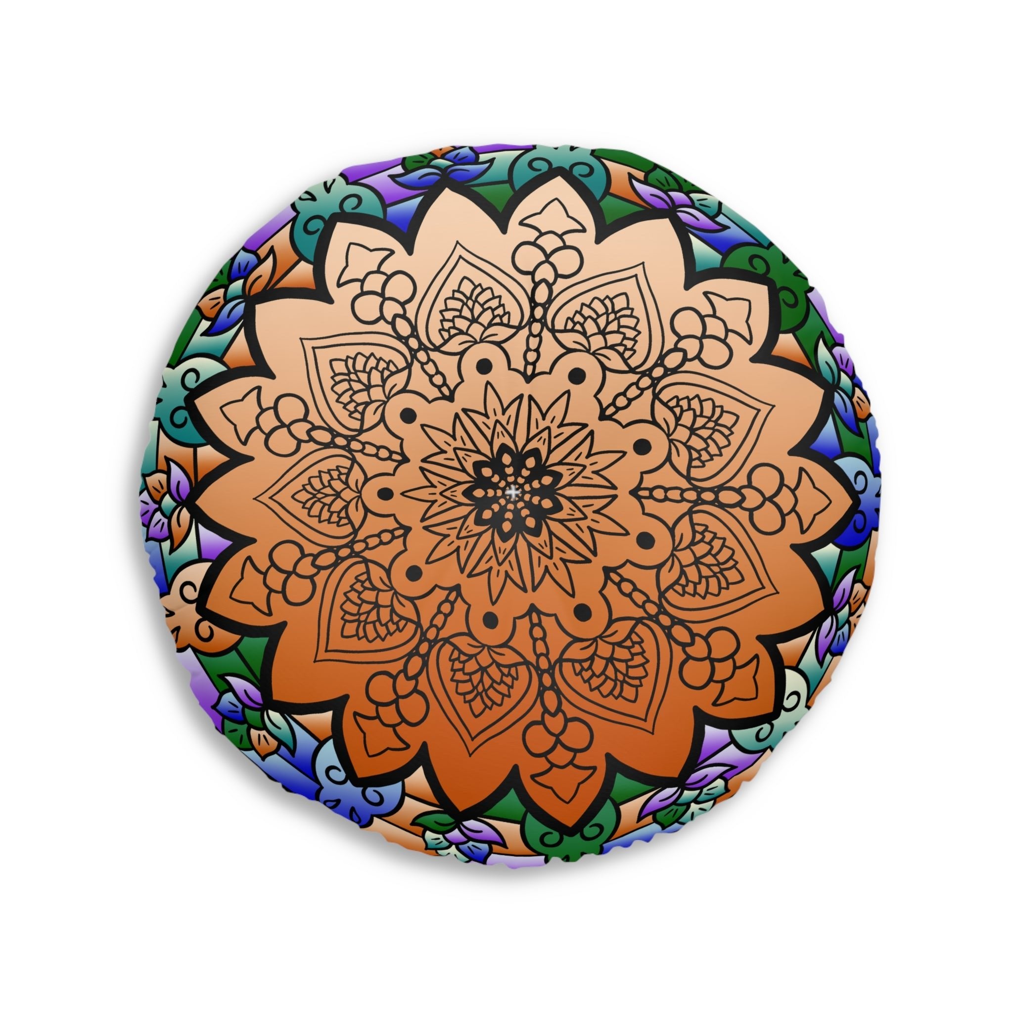 Floor Cushion Mandala Art Hand Drawn - Beautiful colors on Dark Blue background - Drawn by Hand - Tufted Floor Pillow, Round - Blululi