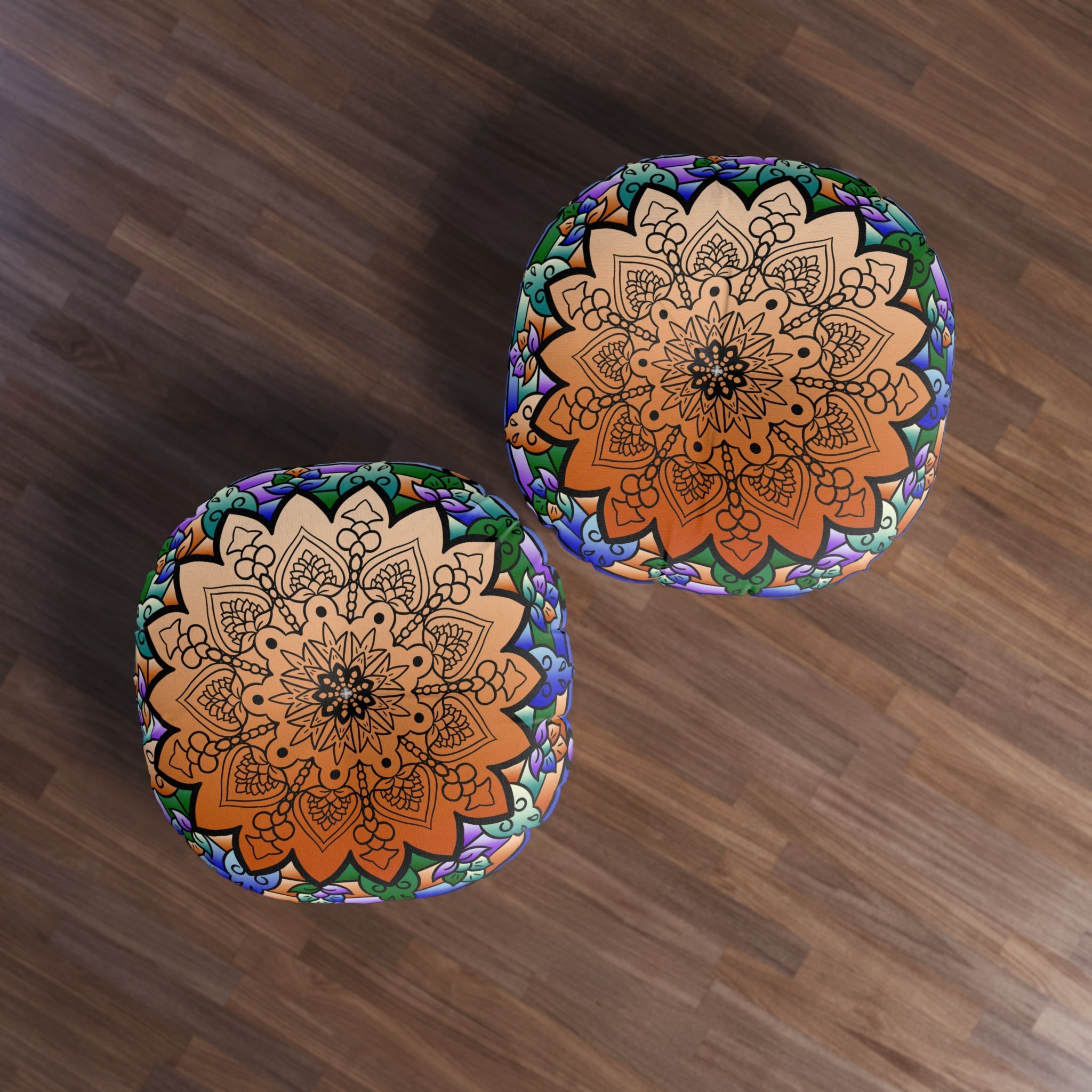 Floor Cushion Mandala Art Hand Drawn - Beautiful colors on Dark Blue background - Drawn by Hand - Tufted Floor Pillow, Round - Blululi