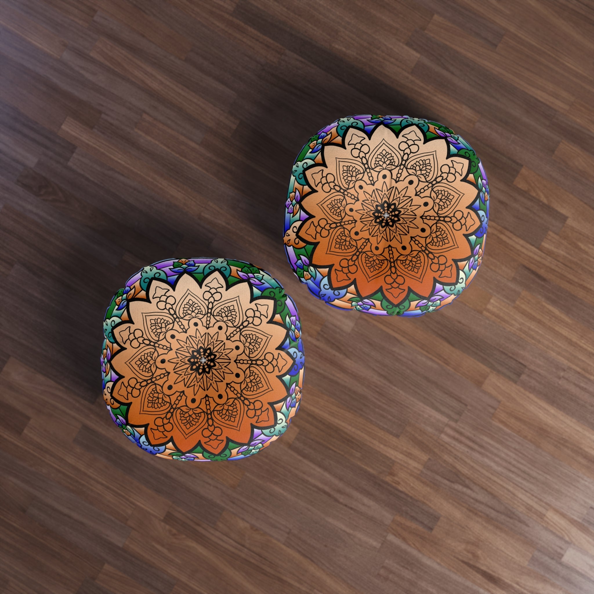 Floor Cushion Mandala Art Hand Drawn - Beautiful colors on Dark Blue background - Drawn by Hand - Tufted Floor Pillow, Round - Blululi