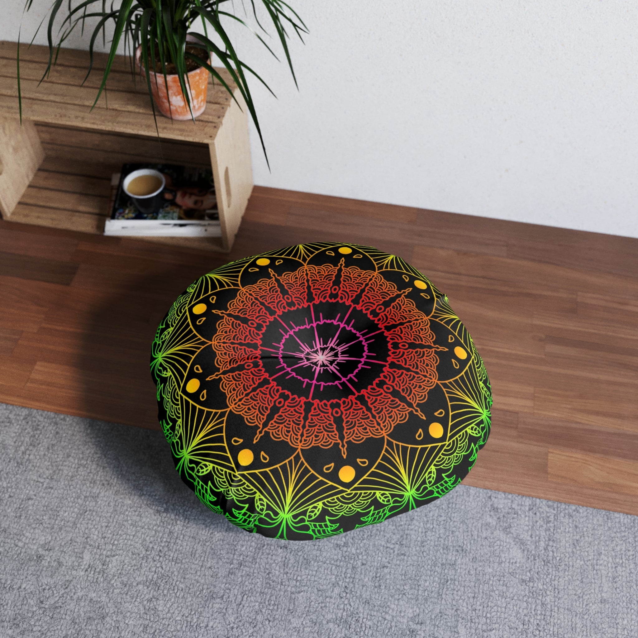 Floor Cushion Mandala Art Hand Drawn - Flower colors on Black background - Drawn by Hand - Tufted Floor Pillow, Round - Blululi