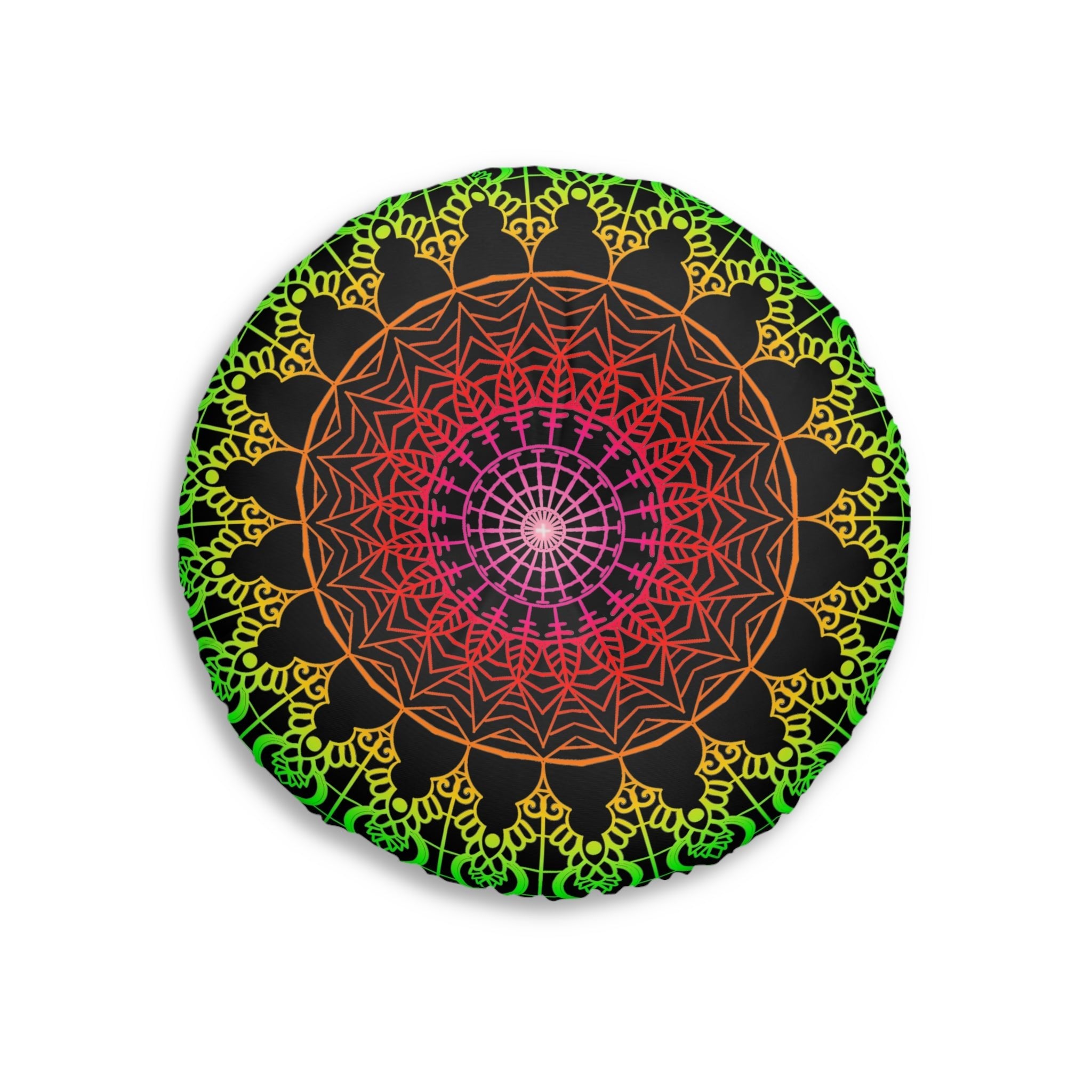 Floor Cushion Mandala Art Hand Drawn - Flower colors on Black background - Drawn by Hand - Tufted Floor Pillow, Round - Blululi