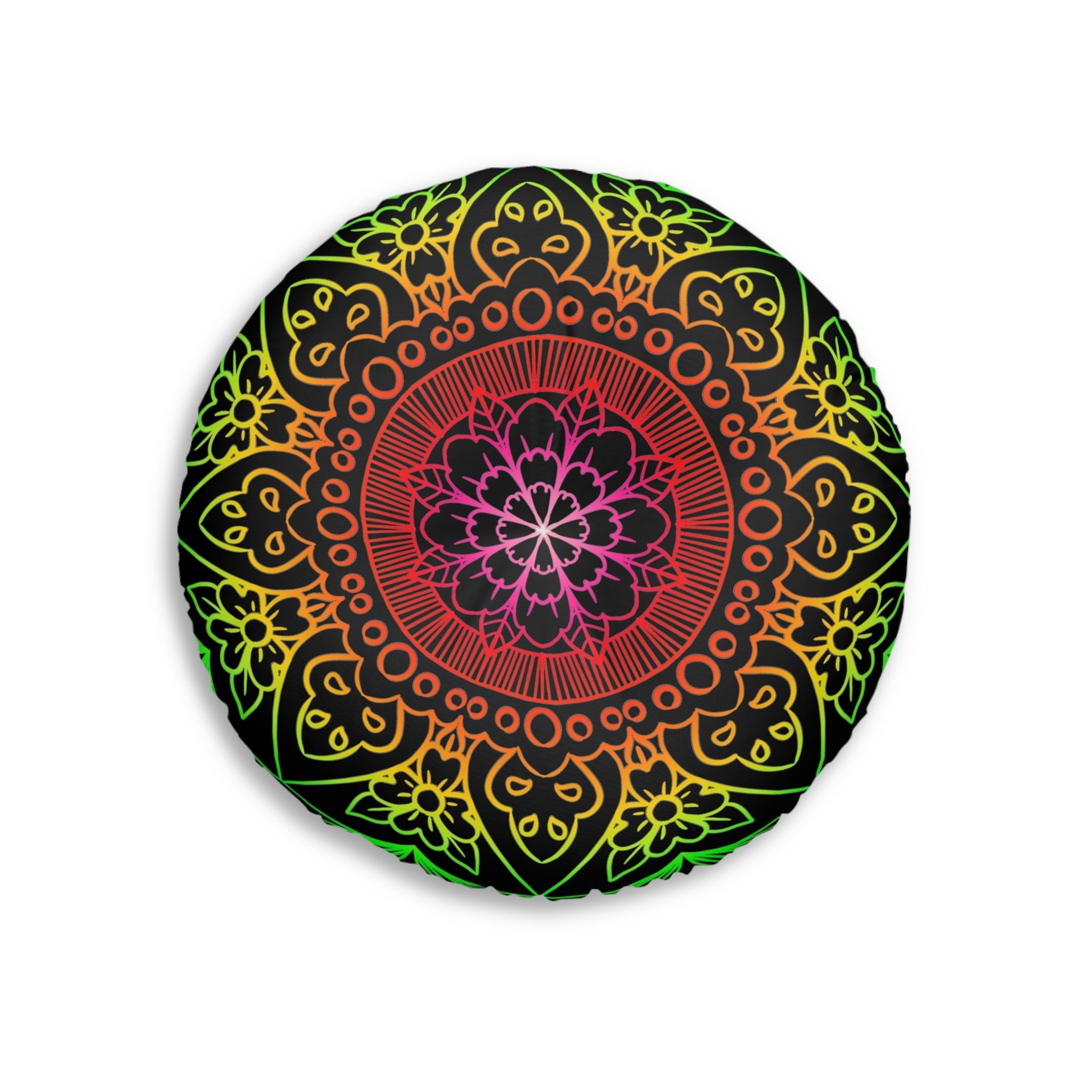 Floor Cushion Mandala Art Hand Drawn - Flower colors on Black background - Drawn by Hand - Tufted Floor Pillow, Round - Blululi
