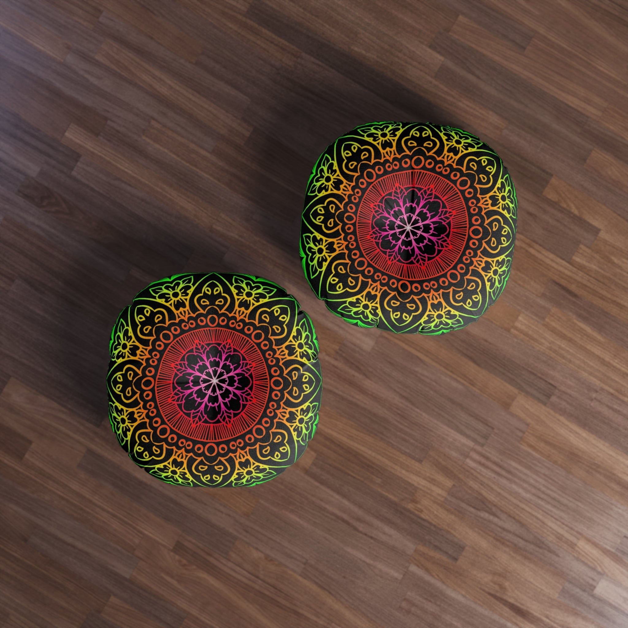 Floor Cushion Mandala Art Hand Drawn - Flower colors on Black background - Drawn by Hand - Tufted Floor Pillow, Round - Blululi