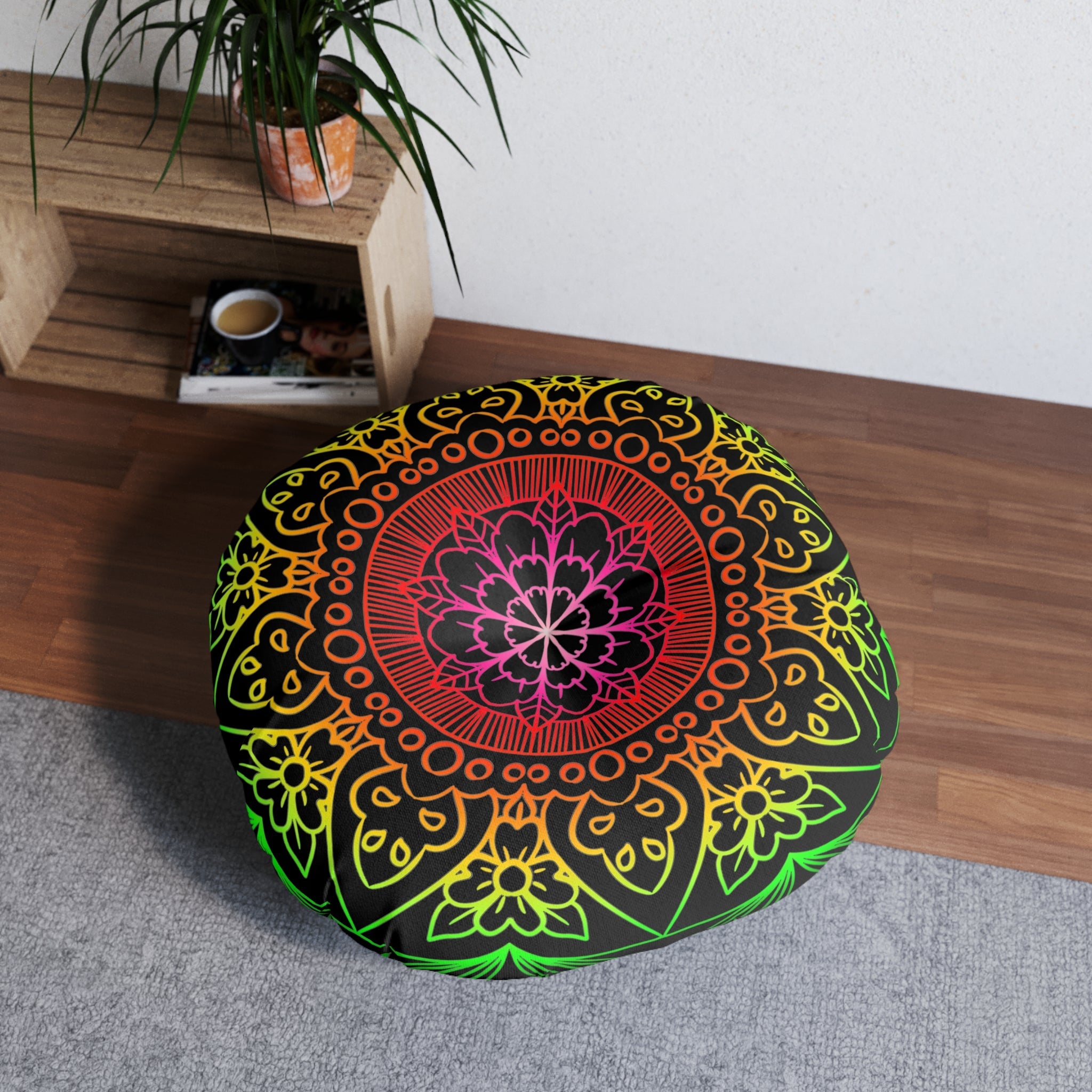 Floor Cushion Mandala Art Hand Drawn - Flower colors on Black background - Drawn by Hand - Tufted Floor Pillow, Round - Blululi