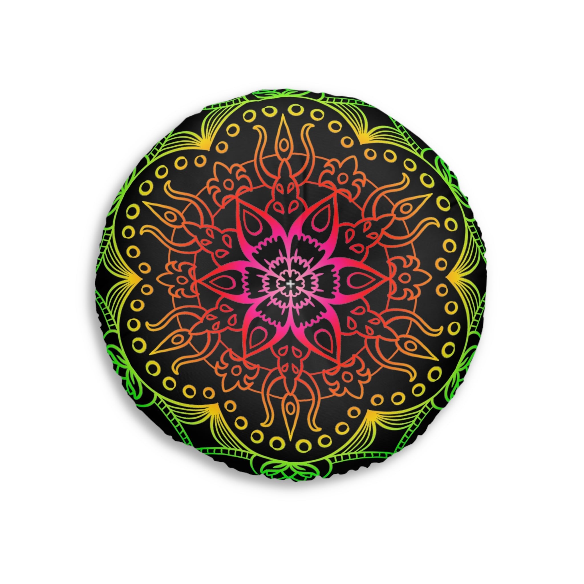 Floor Cushion Mandala Art Hand Drawn - Flower colors on Black background - Drawn by Hand - Tufted Floor Pillow, Round - Blululi
