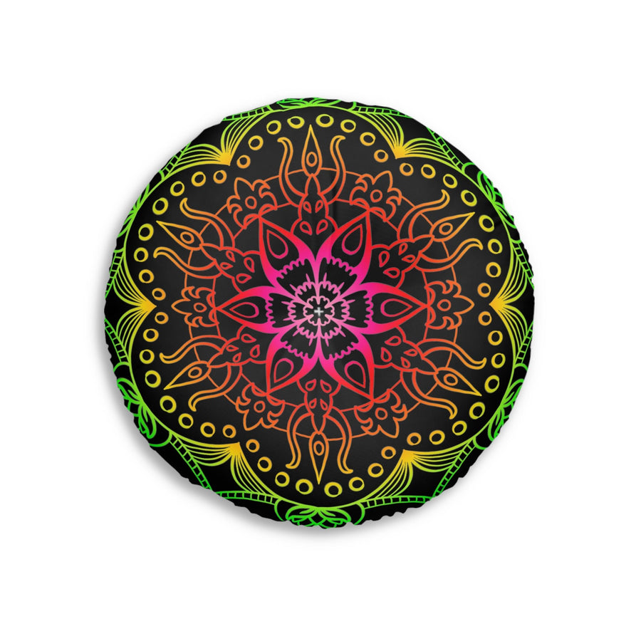Floor Cushion Mandala Art Hand Drawn - Flower colors on Black background - Drawn by Hand - Tufted Floor Pillow, Round - Blululi
