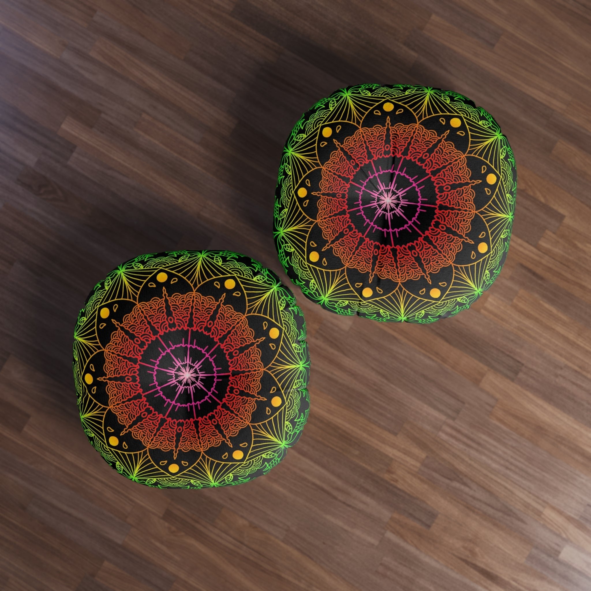 Floor Cushion Mandala Art Hand Drawn - Flower colors on Black background - Drawn by Hand - Tufted Floor Pillow, Round - Blululi