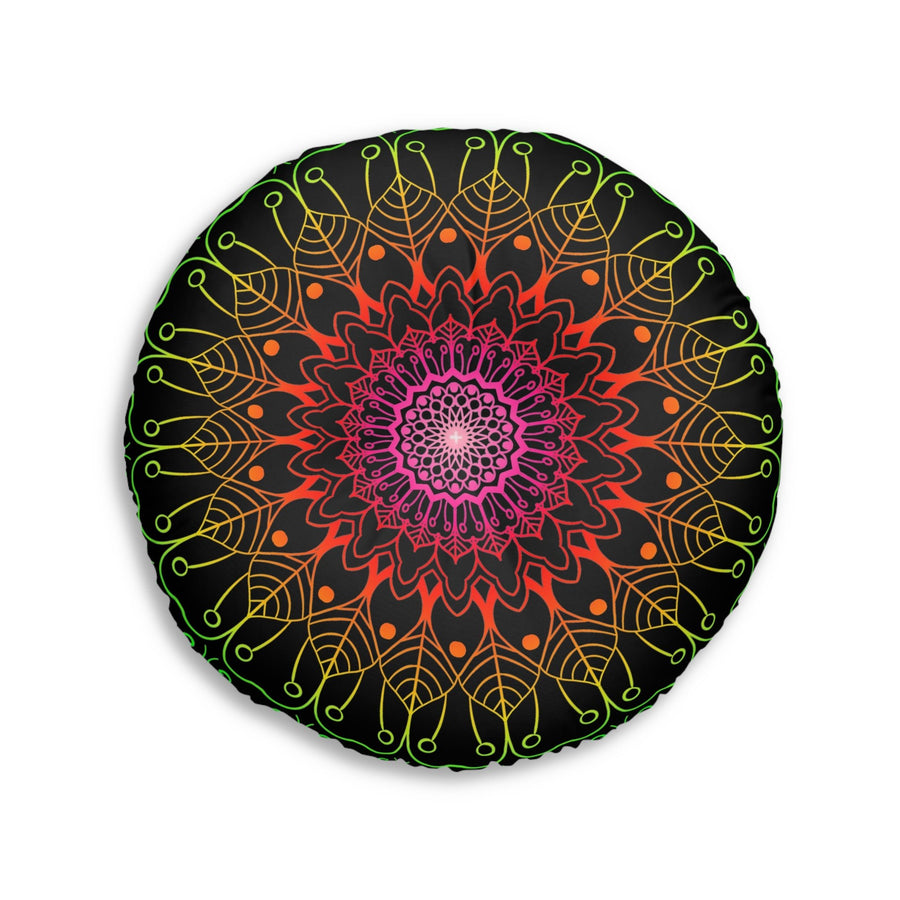 Floor Cushion Mandala Art Hand Drawn - Flower colors on Black background - Drawn by Hand - Tufted Floor Pillow, Round - Blululi