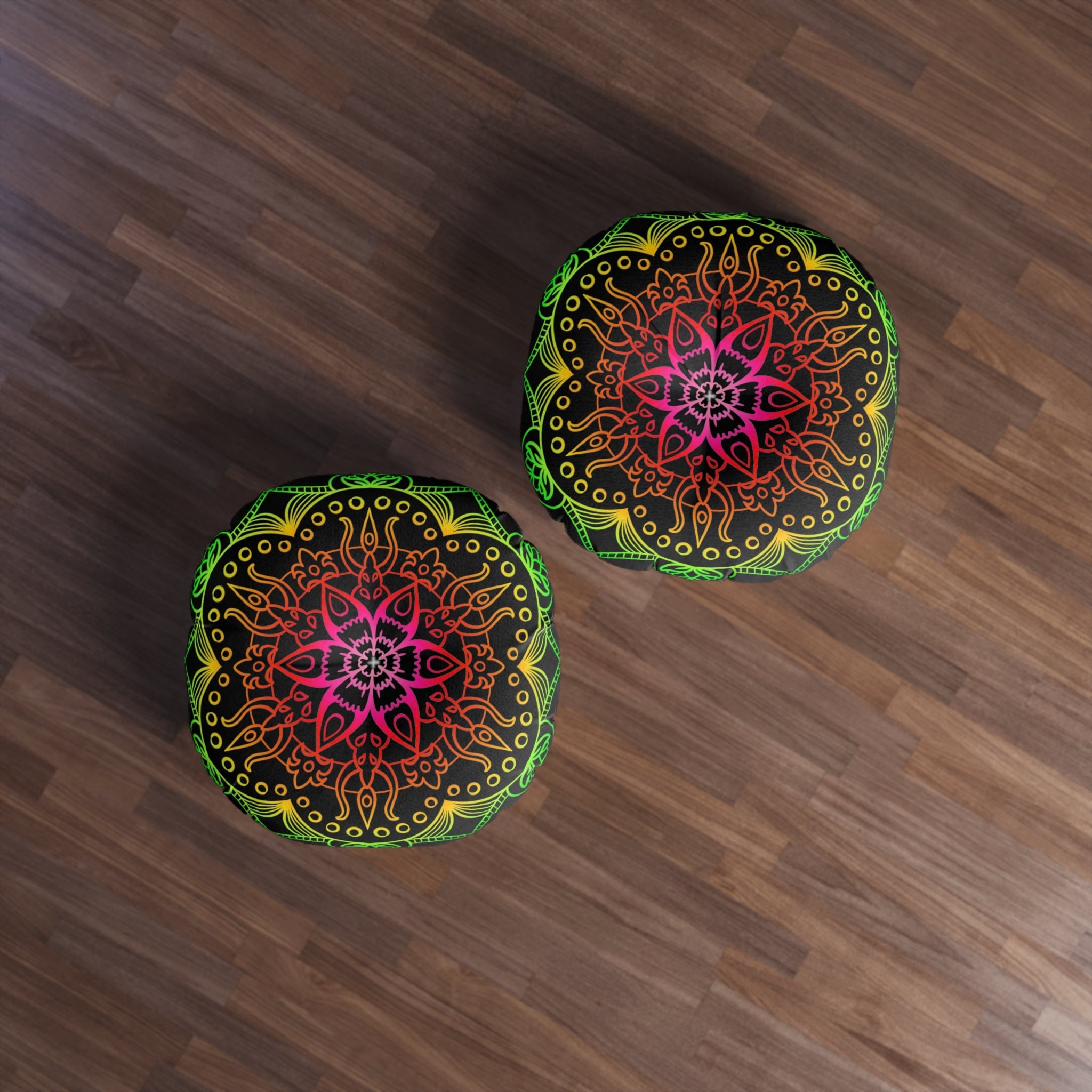 Floor Cushion Mandala Art Hand Drawn - Flower colors on Black background - Drawn by Hand - Tufted Floor Pillow, Round - Blululi