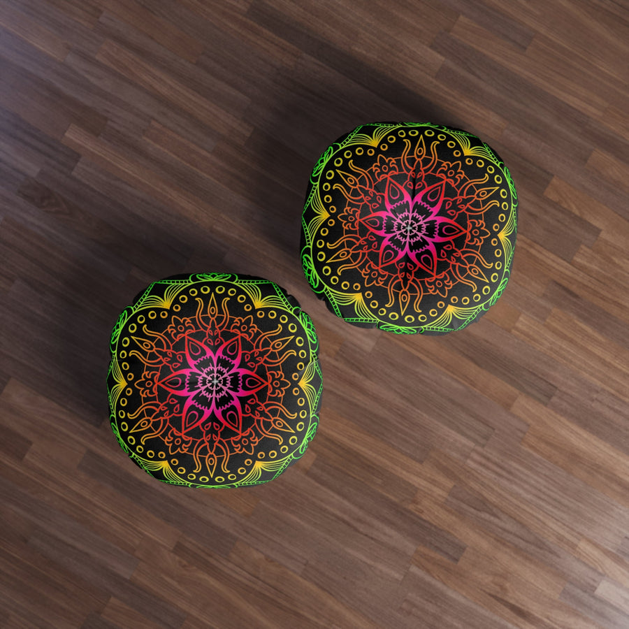 Floor Cushion Mandala Art Hand Drawn - Flower colors on Black background - Drawn by Hand - Tufted Floor Pillow, Round - Blululi