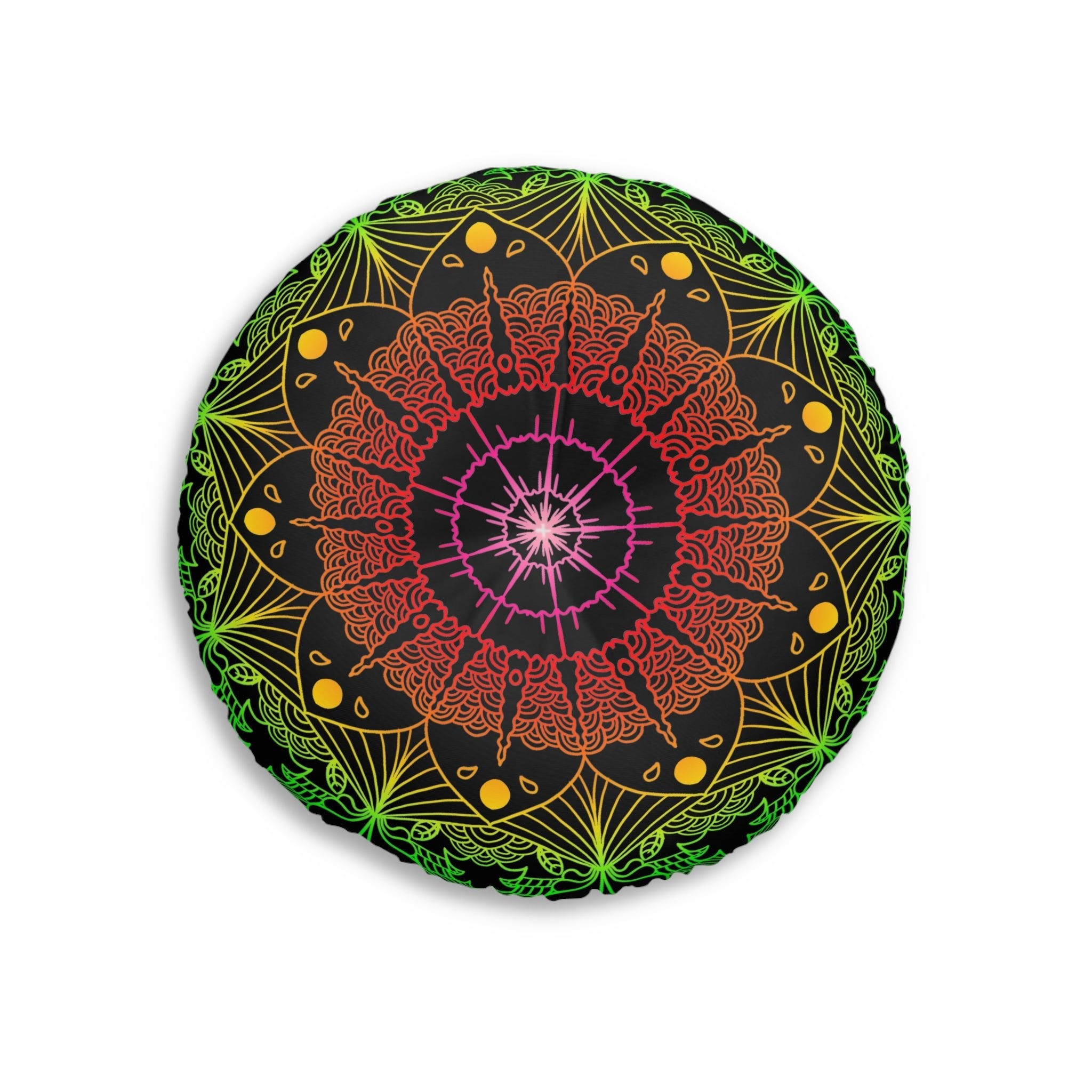 Floor Cushion Mandala Art Hand Drawn - Flower colors on Black background - Drawn by Hand - Tufted Floor Pillow, Round - Blululi