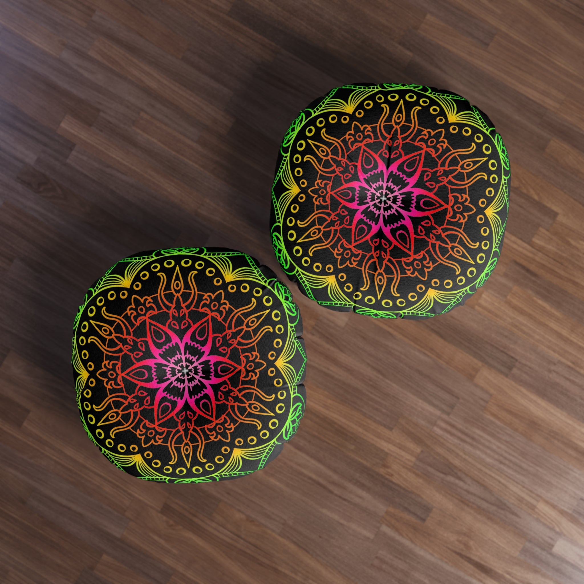 Floor Cushion Mandala Art Hand Drawn - Flower colors on Black background - Drawn by Hand - Tufted Floor Pillow, Round - Blululi