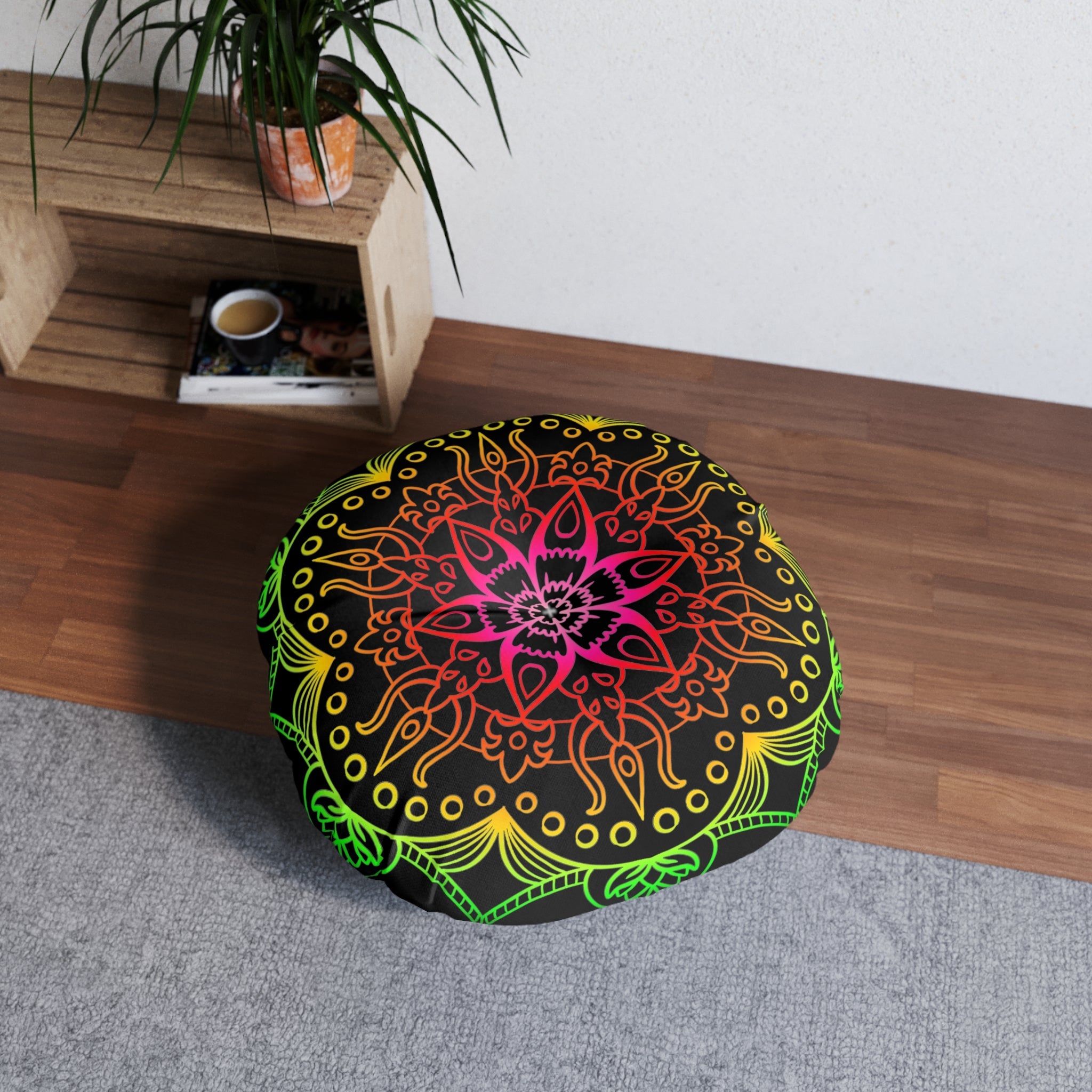 Floor Cushion Mandala Art Hand Drawn - Flower colors on Black background - Drawn by Hand - Tufted Floor Pillow, Round - Blululi