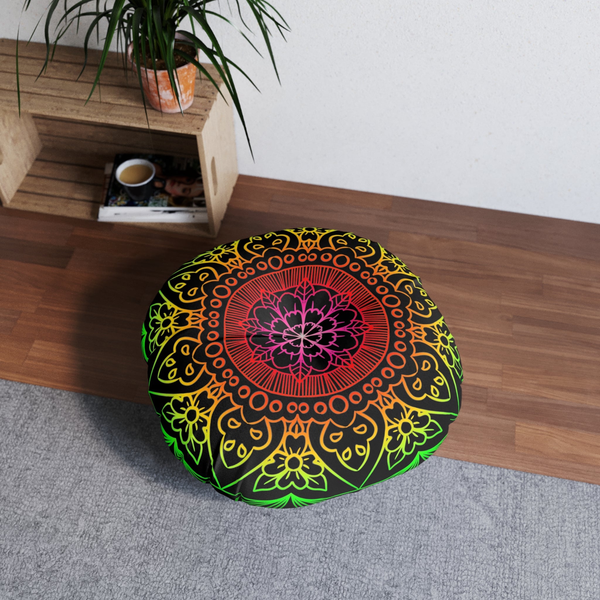 Floor Cushion Mandala Art Hand Drawn - Flower colors on Black background - Drawn by Hand - Tufted Floor Pillow, Round - Blululi