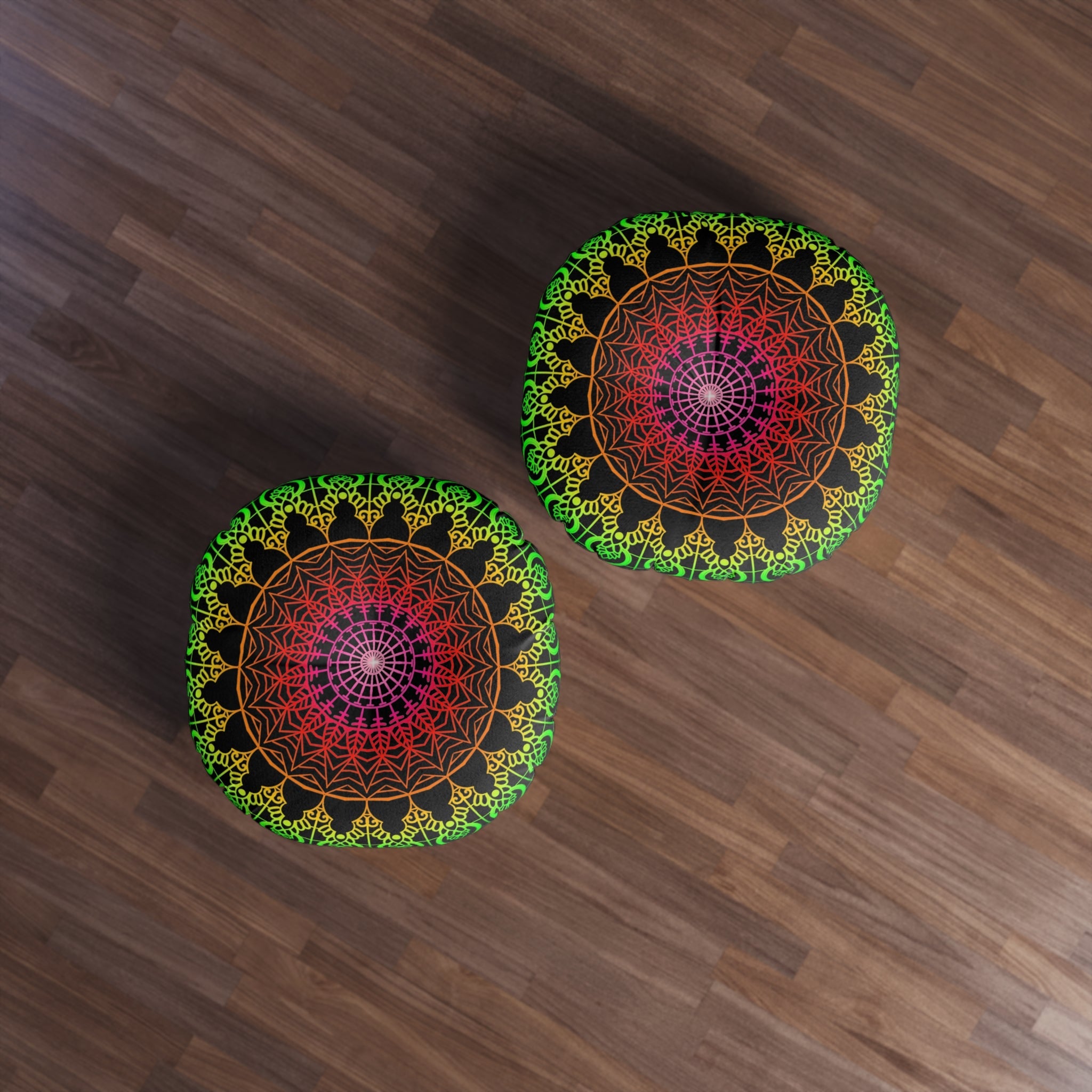 Floor Cushion Mandala Art Hand Drawn - Flower colors on Black background - Drawn by Hand - Tufted Floor Pillow, Round - Blululi