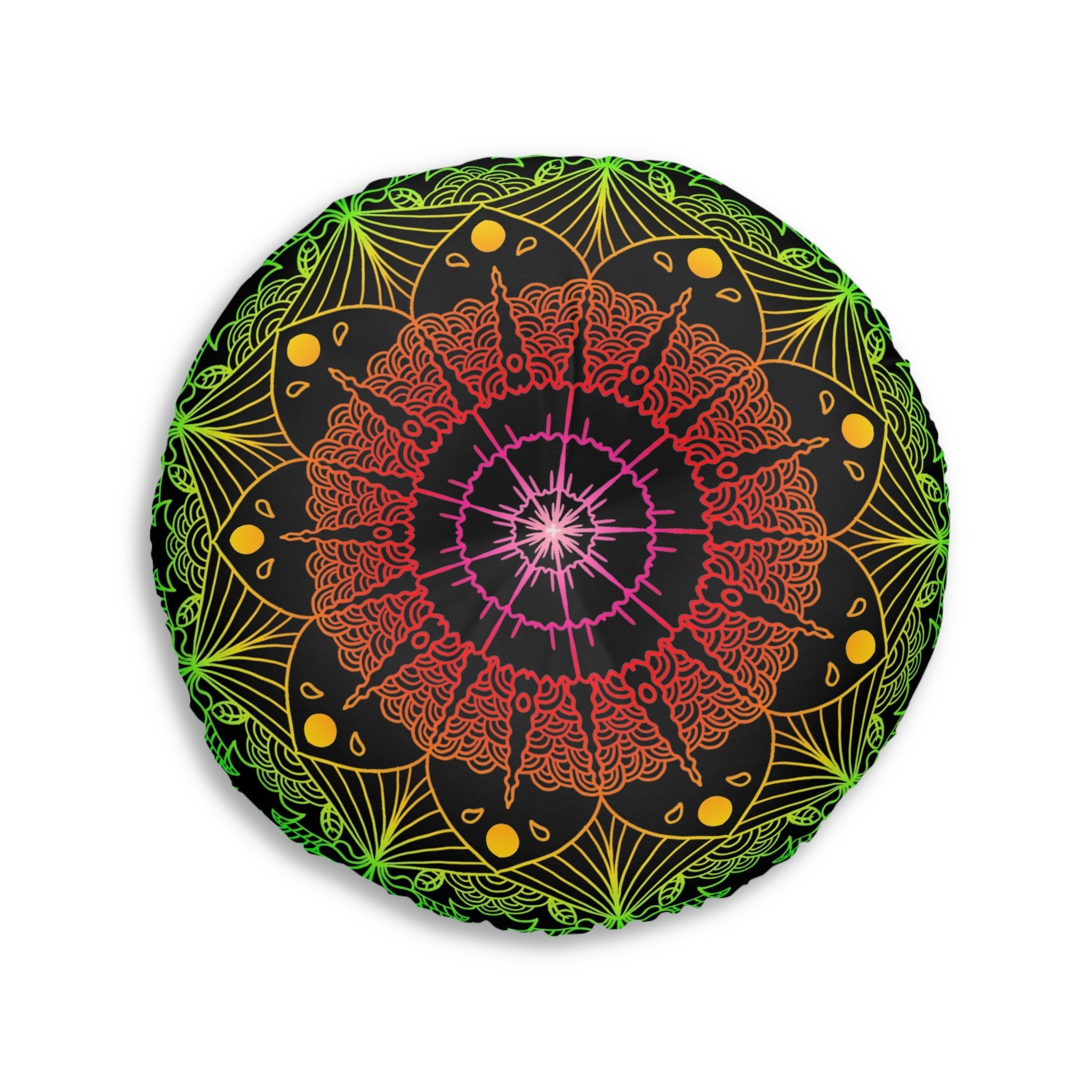 Floor Cushion Mandala Art Hand Drawn - Flower colors on Black background - Drawn by Hand - Tufted Floor Pillow, Round - Blululi