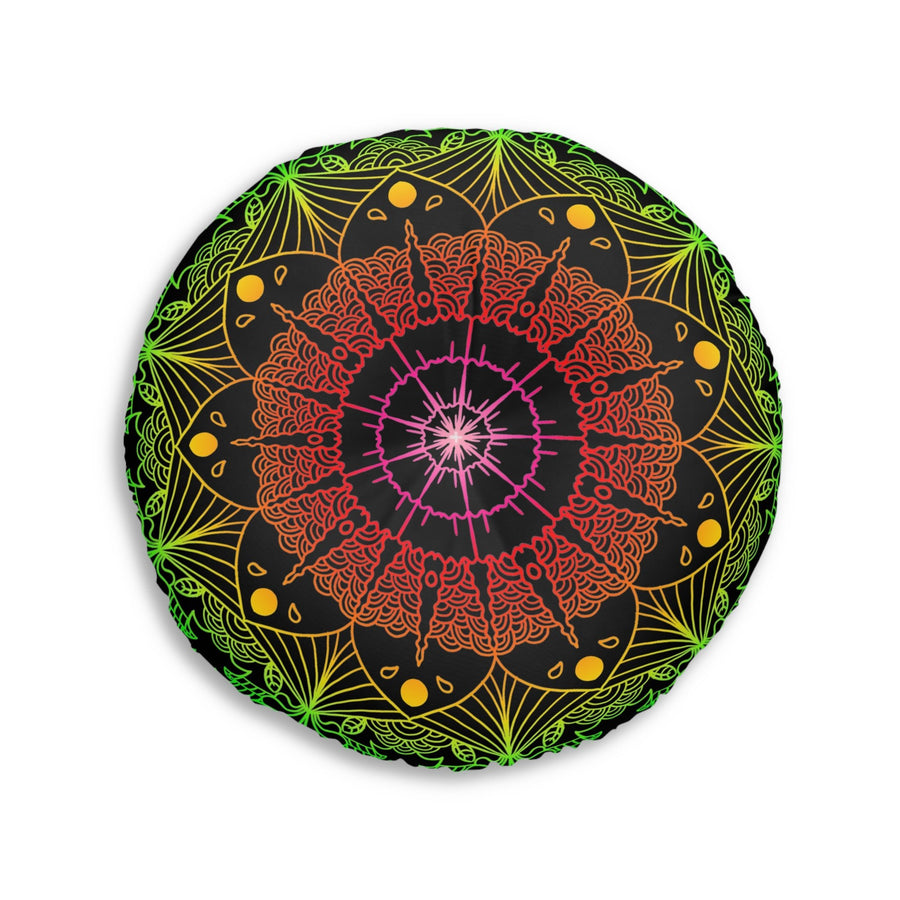 Floor Cushion Mandala Art Hand Drawn - Flower colors on Black background - Drawn by Hand - Tufted Floor Pillow, Round - Blululi