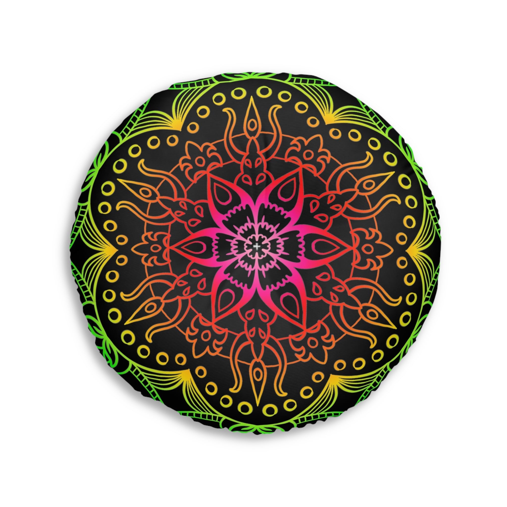 Floor Cushion Mandala Art Hand Drawn - Flower colors on Black background - Drawn by Hand - Tufted Floor Pillow, Round - Blululi