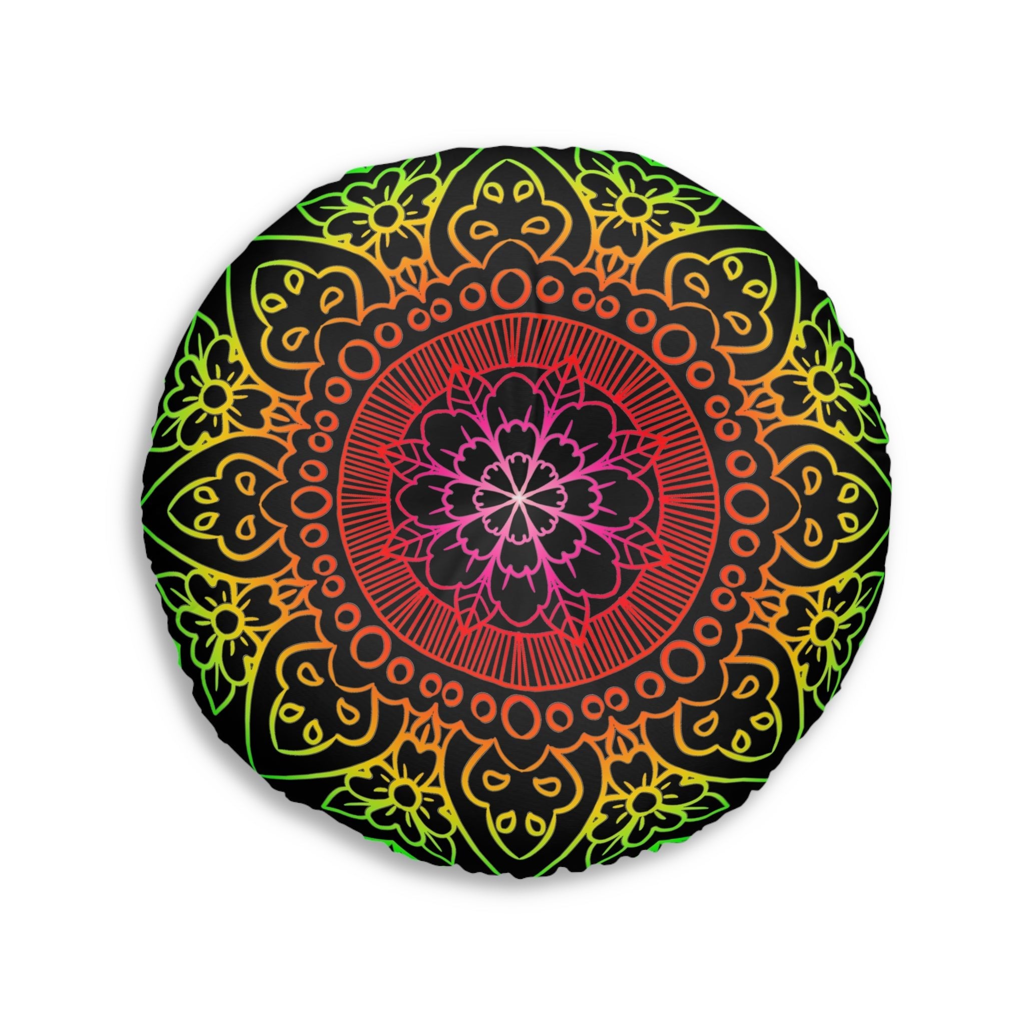 Floor Cushion Mandala Art Hand Drawn - Flower colors on Black background - Drawn by Hand - Tufted Floor Pillow, Round - Blululi