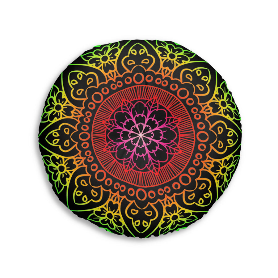 Floor Cushion Mandala Art Hand Drawn - Flower colors on Black background - Drawn by Hand - Tufted Floor Pillow, Round - Blululi