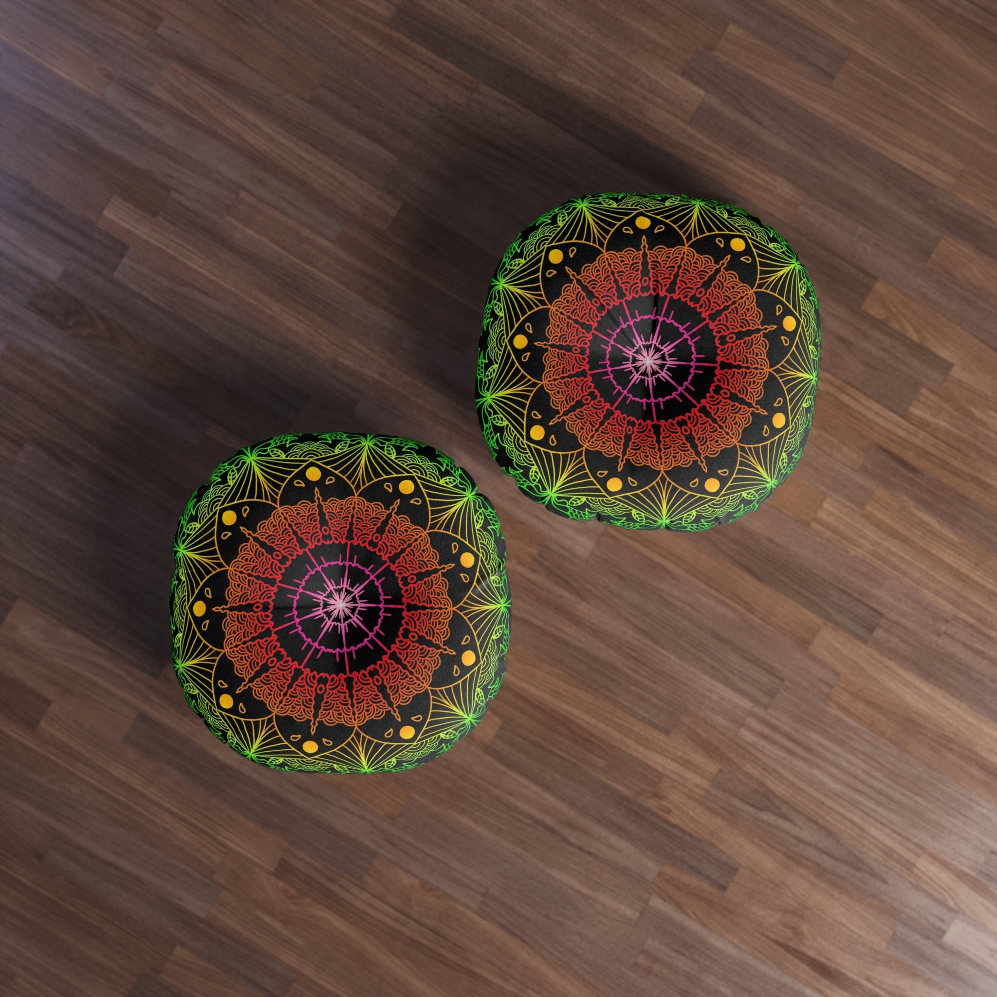 Floor Cushion Mandala Art Hand Drawn - Flower colors on Black background - Drawn by Hand - Tufted Floor Pillow, Round - Blululi