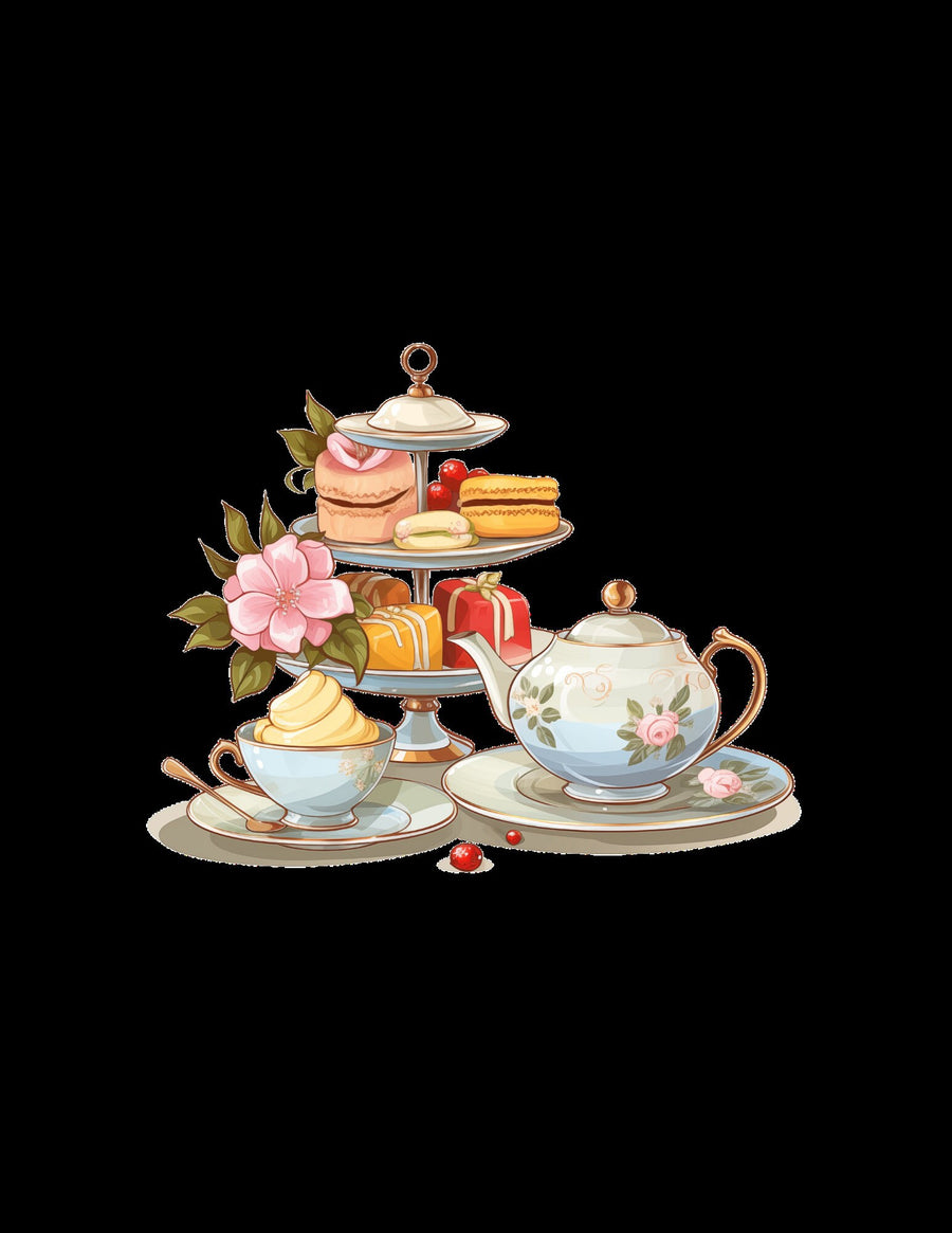 Tea Party ClipArt Bundle, Teeservice ClipArt, Teekannen, Blumendekor, Macaron ClipArt, Kuchenscheiben, süßer Cupcake-Ständer, Macaron-Turm