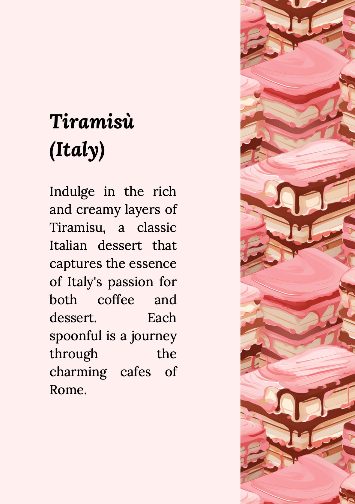 Vorlage für Dessertrezepte – die süße Welt internationaler Desserts, Canva-Vorlage mit Donuts, Tiramisù, Macarons und mehr!