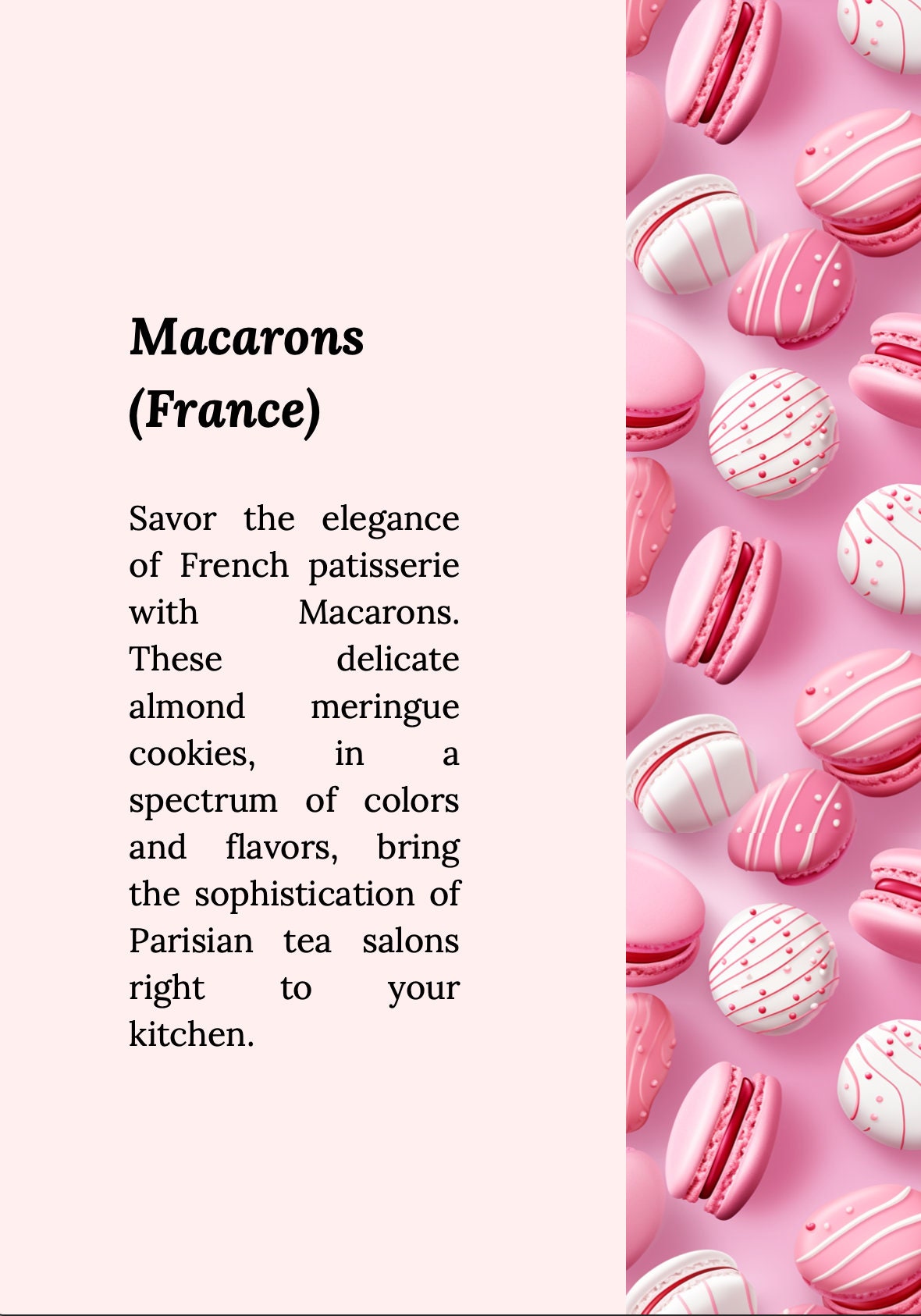 Vorlage für Dessertrezepte – die süße Welt internationaler Desserts, Canva-Vorlage mit Donuts, Tiramisù, Macarons und mehr!