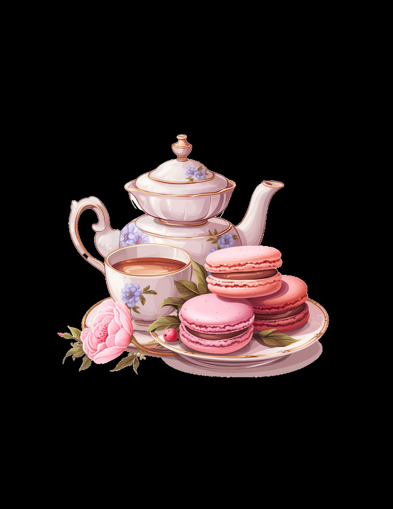 Tea Party ClipArt Bundle, Teeservice ClipArt, Teekannen, Blumendekor, Macaron ClipArt, Kuchenscheiben, süßer Cupcake-Ständer, Macaron-Turm