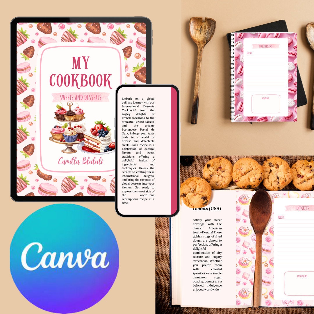 Kochbuchvorlage „Global Desserts“ – die süße Welt der internationalen Desserts – Canva-Design – A4 und 8,5 x 11 Zoll