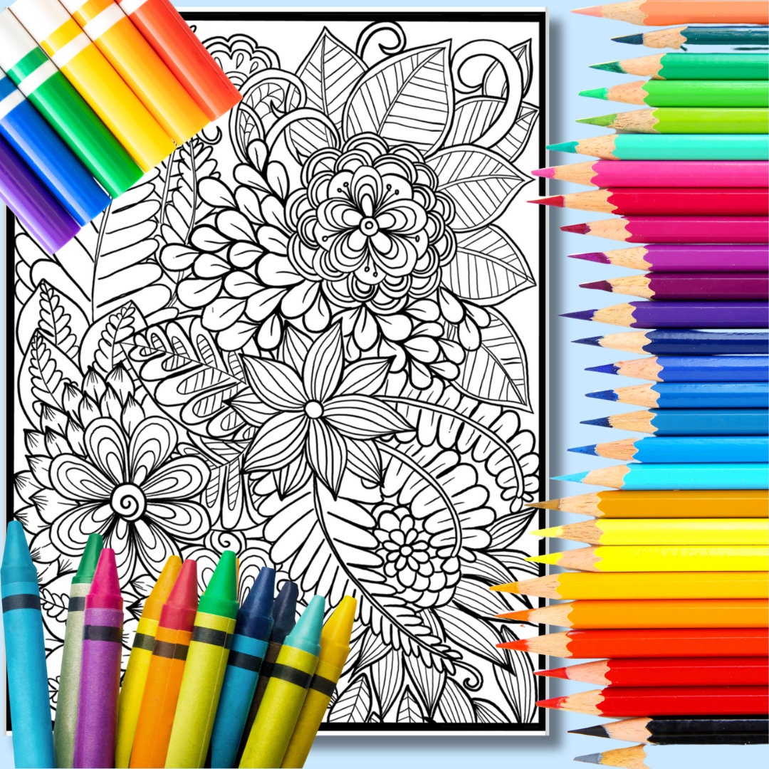 Blumen-Kritzelkunst – handgemachte Illustration, 2 einzigartige Designs, Schwarzweiß, farbig, Entspannung und achtsames Ausmalen | Frühling, Sommer – Größe A4