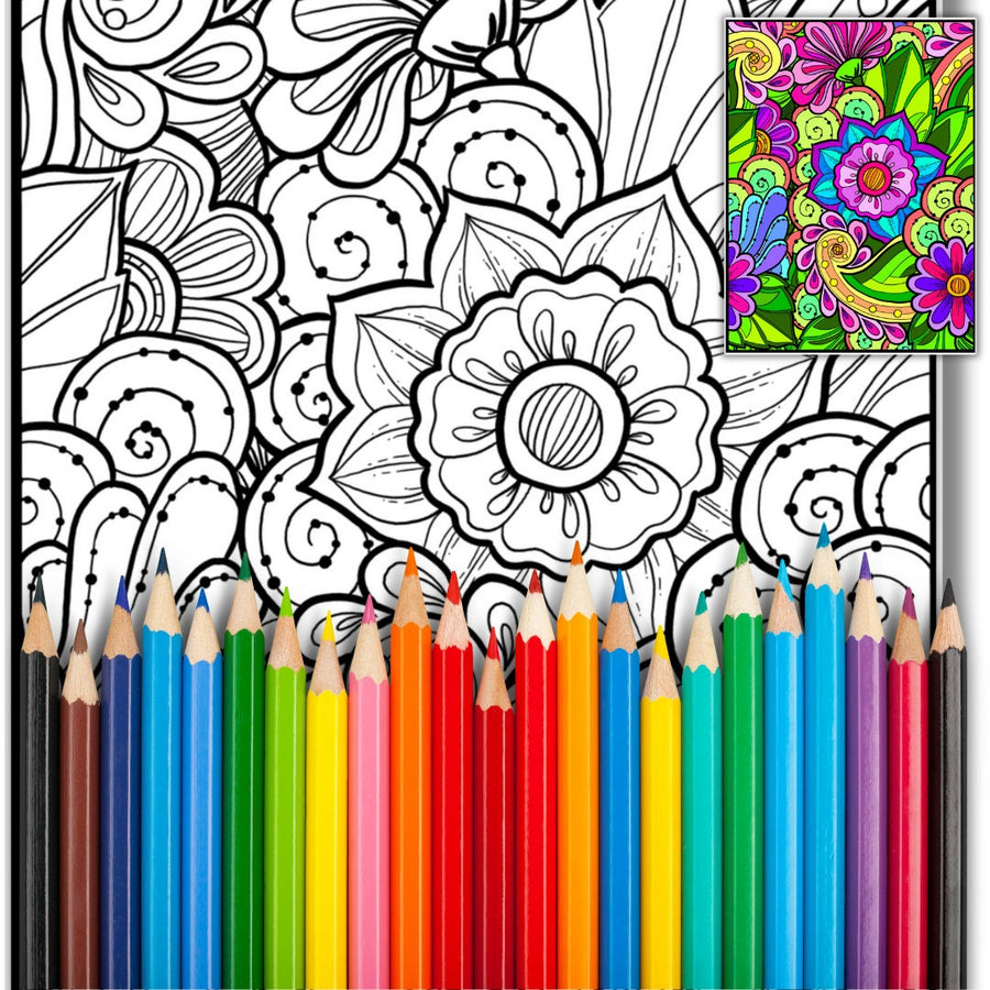 Blumen-Kritzelkunst – handgemachte Illustration, 2 einzigartige Designs, Schwarzweiß, farbig, Entspannung und achtsames Ausmalen | Frühling, Sommer – Größe A4