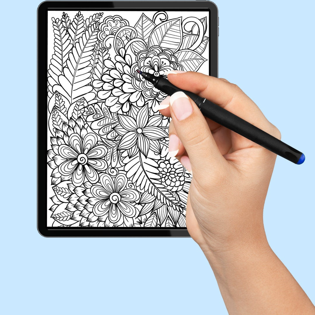 Blumen-Kritzelkunst – handgemachte Illustration, 2 einzigartige Designs, Schwarzweiß, farbig, Entspannung und achtsames Ausmalen | Frühling, Sommer – Größe A4