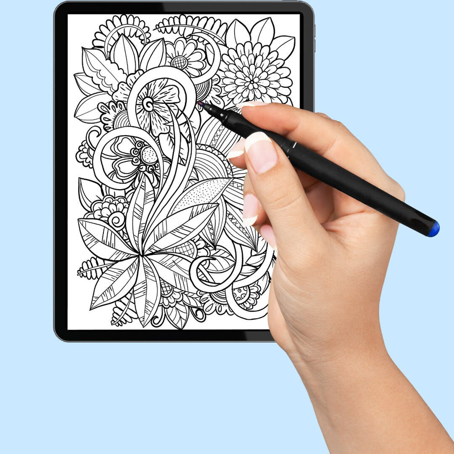 Blumen-Kritzelkunst – handgemachte Illustration, 2 einzigartige Designs, Schwarzweiß, farbig, entspannendes und achtsames Ausmalen | Frühling, Sommer – A4-Ausmalseiten