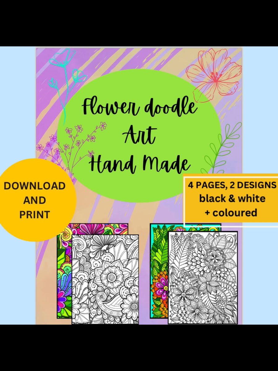 Blumen-Kritzelkunst – handgemachte Illustration, 2 einzigartige Designs, Schwarzweiß, farbig, Entspannung und achtsames Ausmalen | Frühling, Sommer – Größe A4