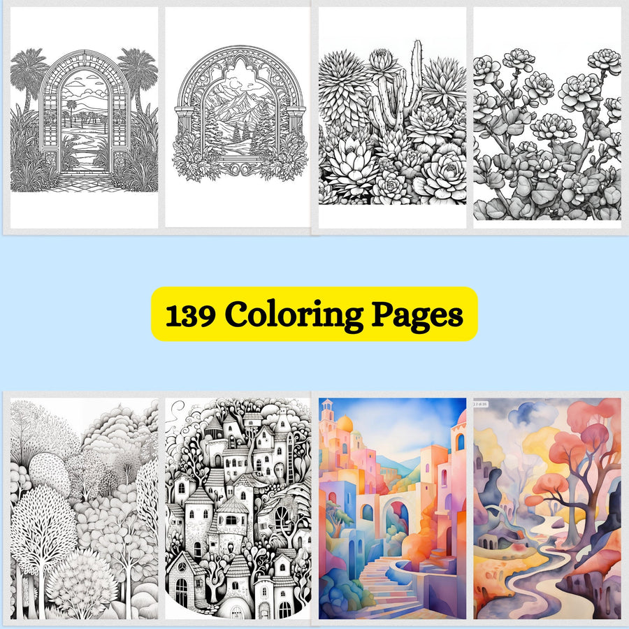 A relaxing coloring book featuring stunning landscapes for traditional and reverse coloring options