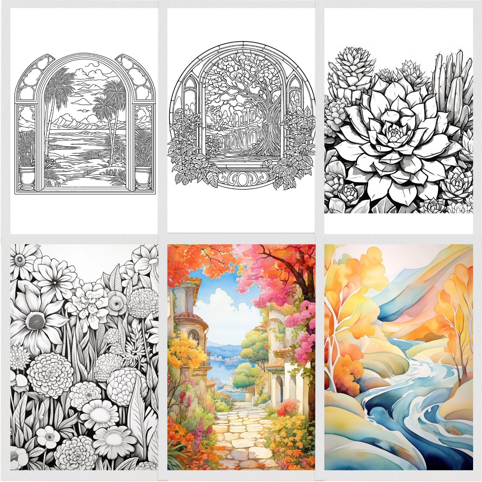 Stunning landscapes to color in our 139-page coloring book bundle with traditional and reverse options