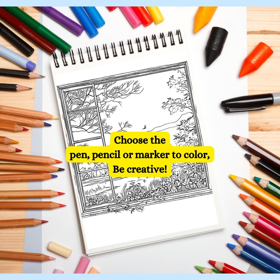 Coloring pages featuring 13 stunning landscape views from a window, including nature scenes and digital printable designs for relaxing and immersive coloring experiences