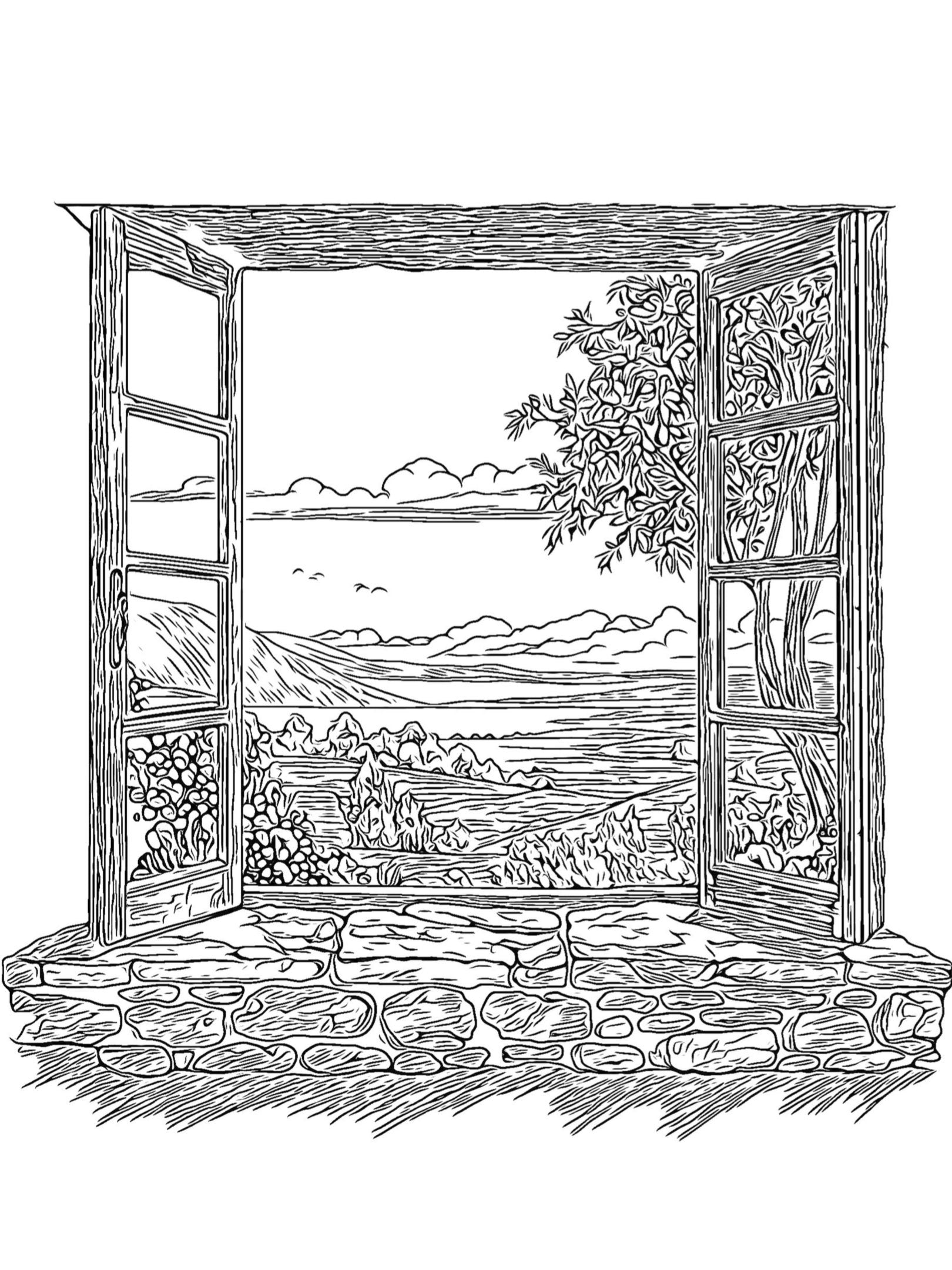 Printable nature scenes digital coloring pages of beautiful landscapes from window views