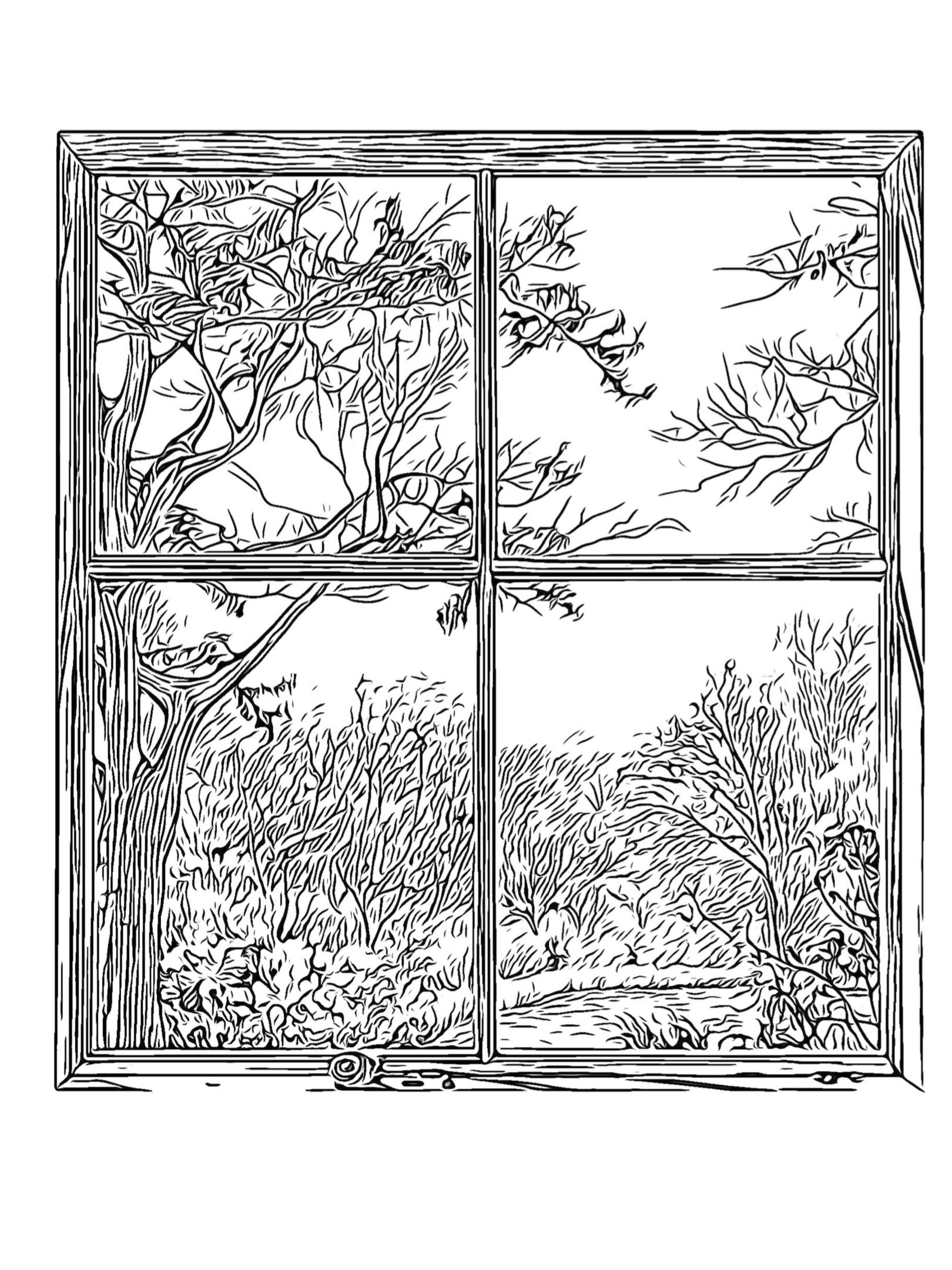Printable digital coloring pages featuring 13 stunning landscape views from a window, including nature scenes and beautiful landscapes for coloring