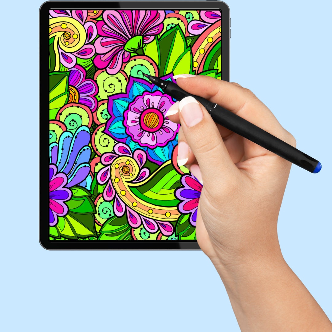 Blumen-Kritzelkunst – handgemachte Illustration, 2 einzigartige Designs, Schwarzweiß, farbig, Entspannung und achtsames Ausmalen | Frühling, Sommer – Größe A4