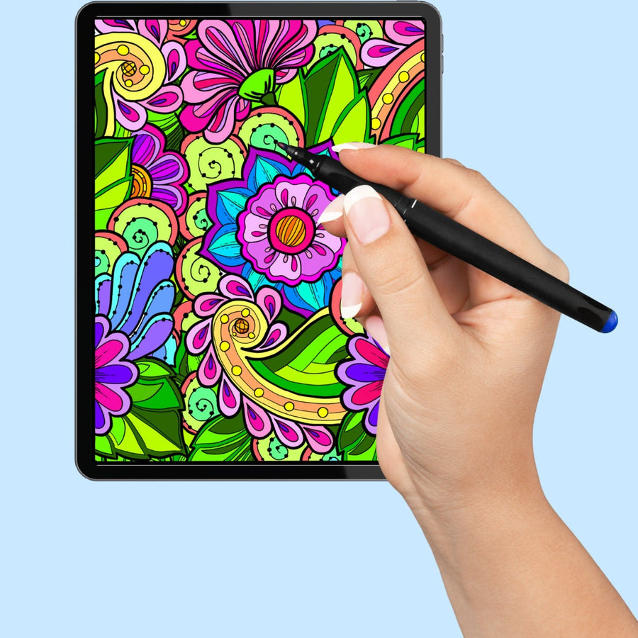 Blumen-Kritzelkunst – handgemachte Illustration, 2 einzigartige Designs, Schwarzweiß, farbig, Entspannung und achtsames Ausmalen | Frühling, Sommer – Größe A4