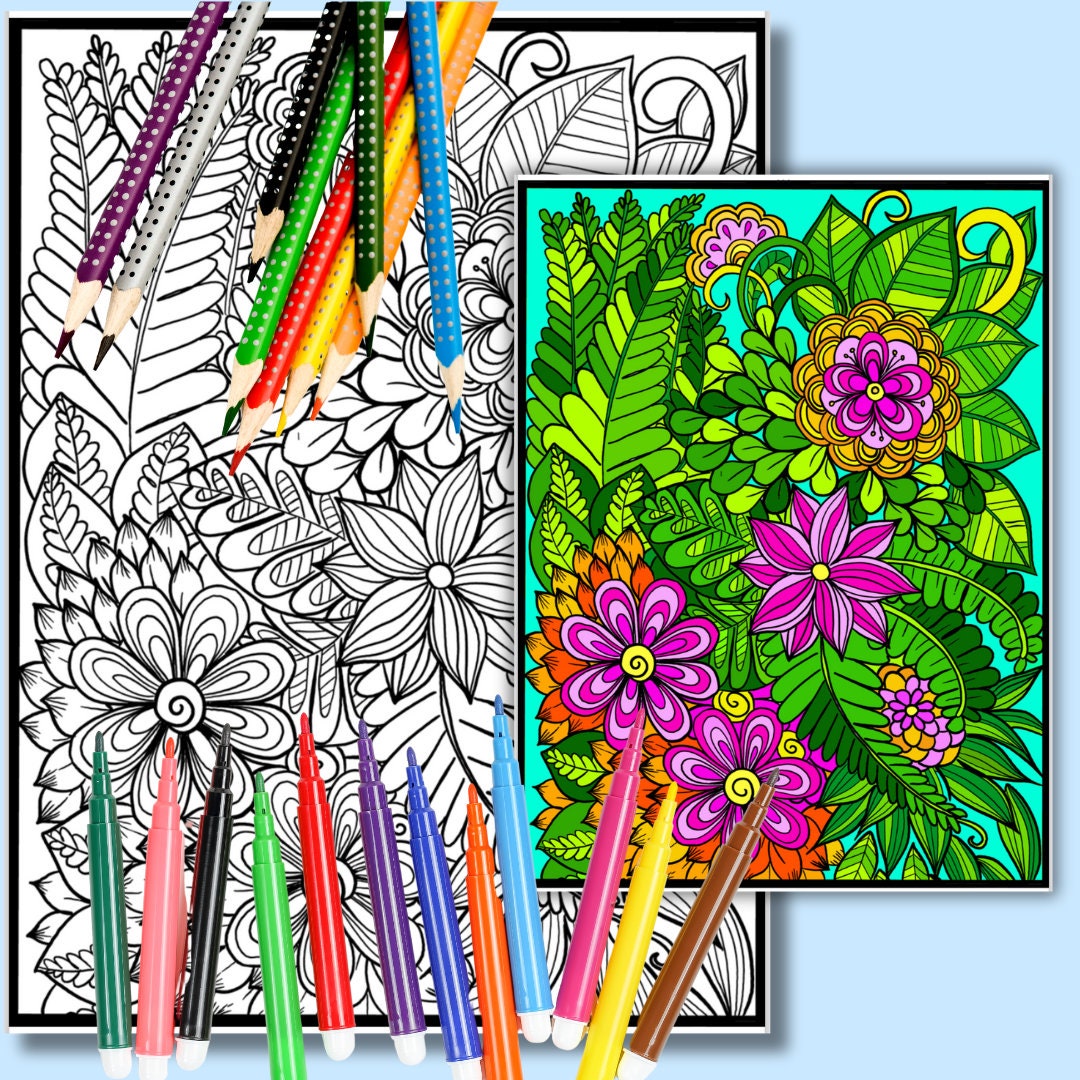 Blumen-Kritzelkunst – handgemachte Illustration, 2 einzigartige Designs, Schwarzweiß, farbig, Entspannung und achtsames Ausmalen | Frühling, Sommer – Größe A4