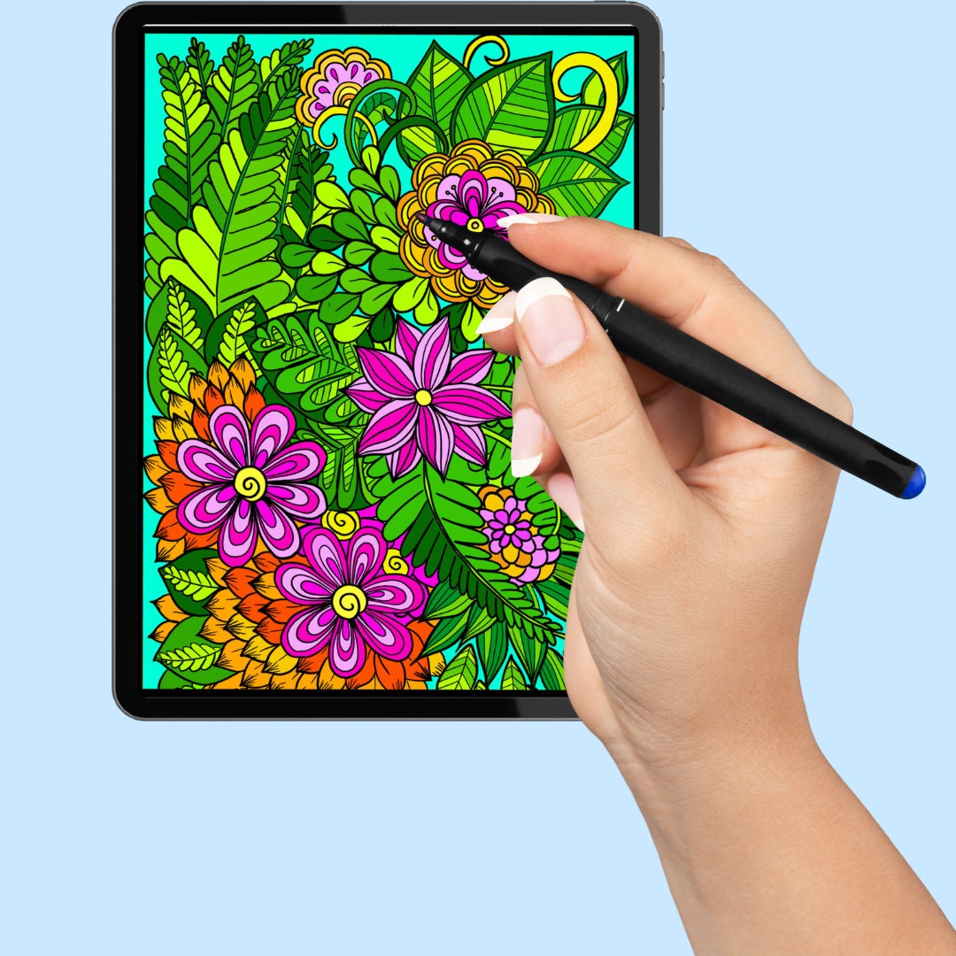 Blumen-Kritzelkunst – handgemachte Illustration, 2 einzigartige Designs, Schwarzweiß, farbig, Entspannung und achtsames Ausmalen | Frühling, Sommer – Größe A4