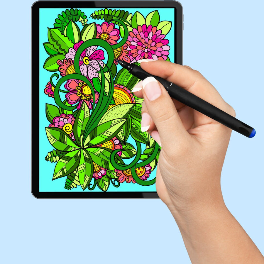 Blumen-Kritzelkunst – handgemachte Illustration, 2 einzigartige Designs, Schwarzweiß, farbig, entspannendes und achtsames Ausmalen | Frühling, Sommer – A4-Ausmalseiten